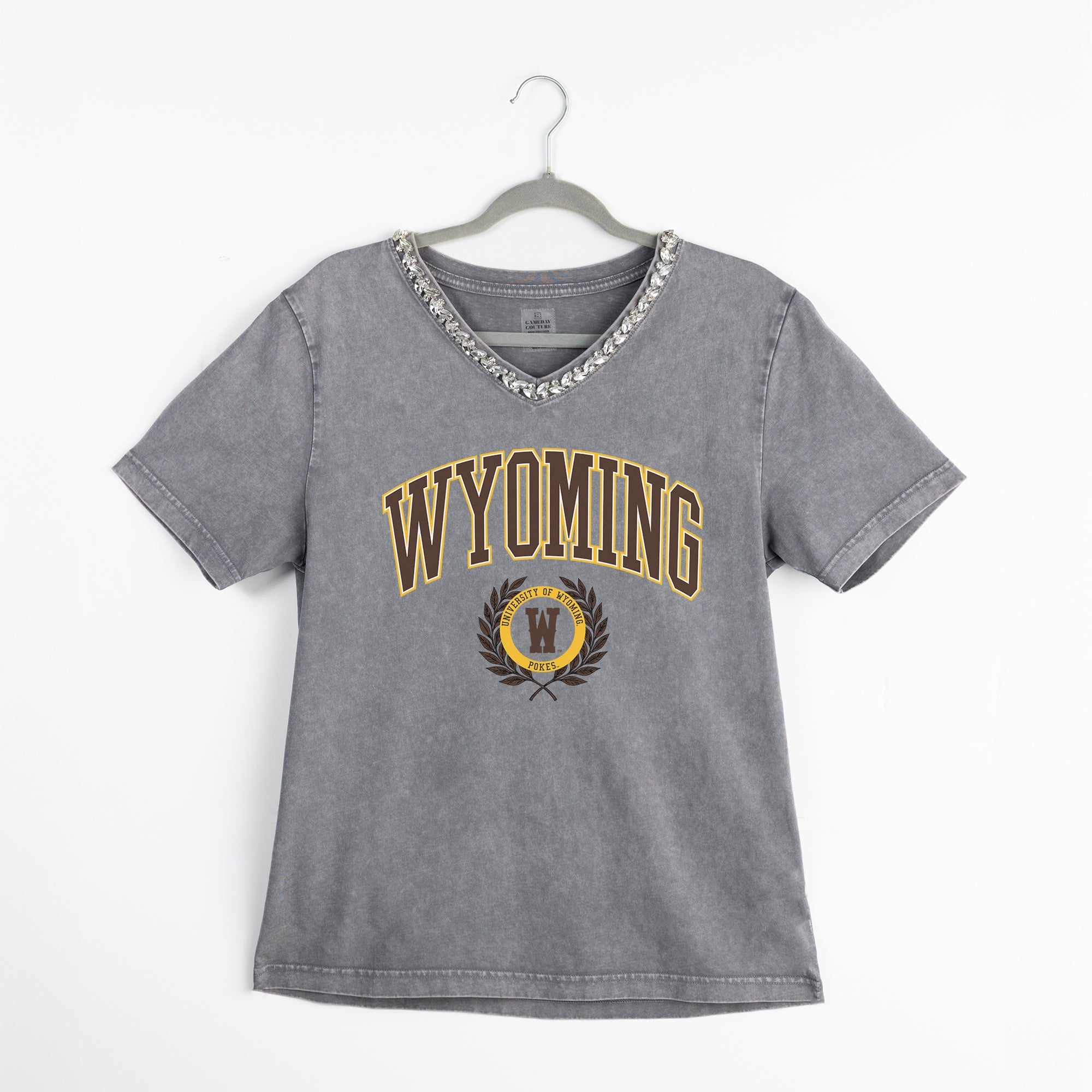 WYOMING COWBOYS ICONIC EDGE RHINESTONE TRIM V-NECK TEE