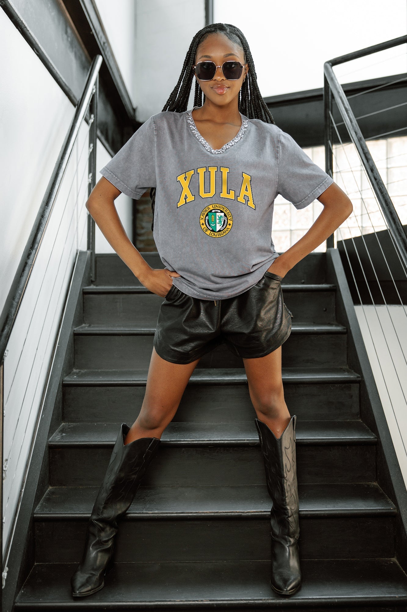 XAVIER UNIVERSITY OF LOUISIANA GOLD ICONIC EDGE RHINESTONE TRIM V-NECK TEE