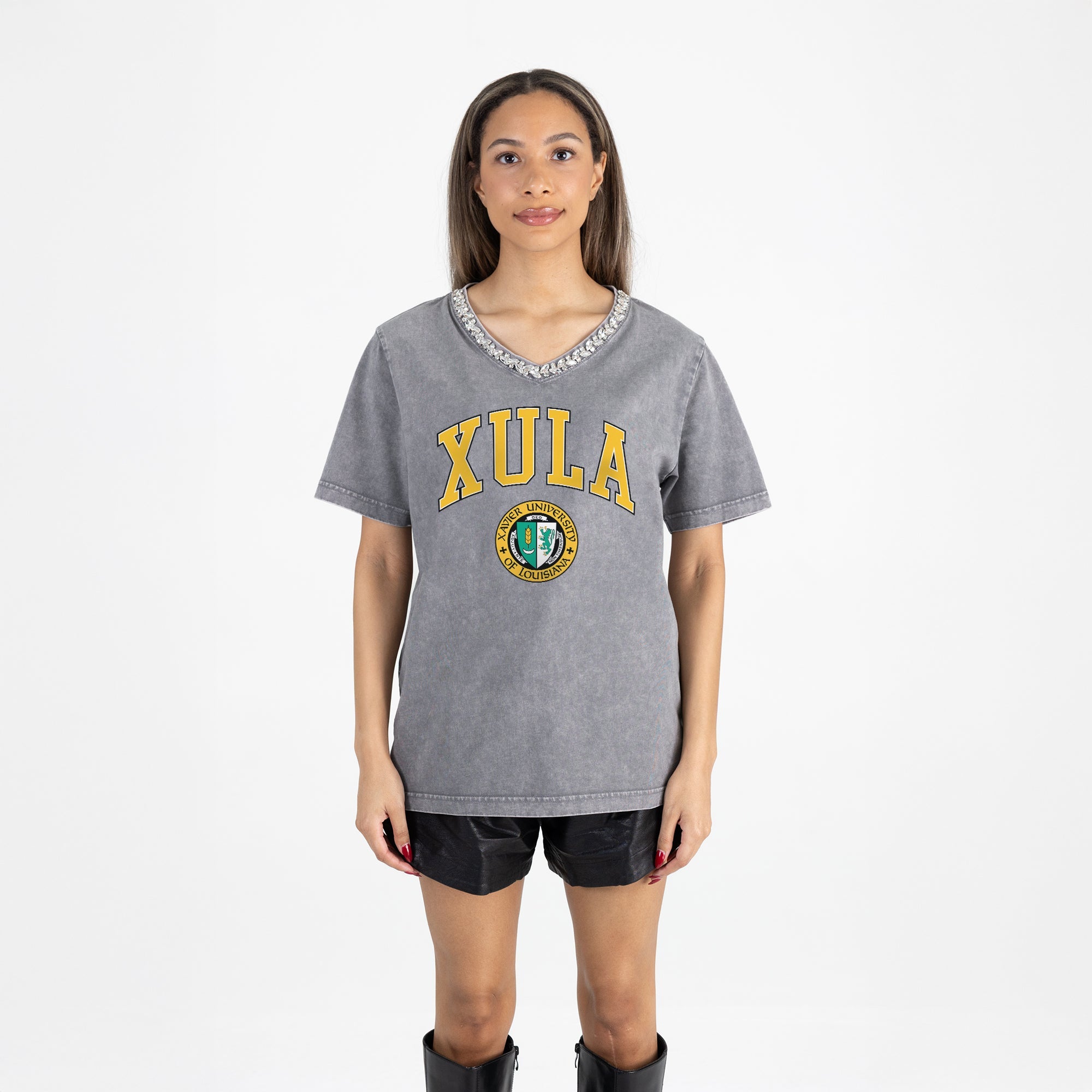 XAVIER UNIVERSITY OF LOUISIANA GOLD ICONIC EDGE RHINESTONE TRIM V-NECK TEE