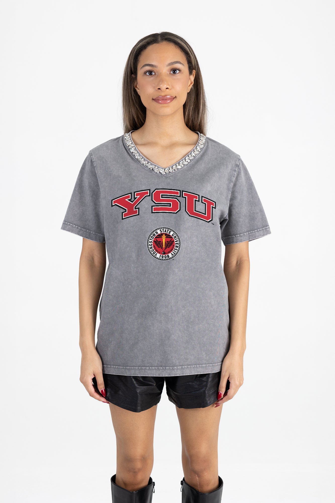 YOUNGSTOWN STATE PENGUINS ICONIC EDGE RHINESTONE TRIM V-NECK TEE