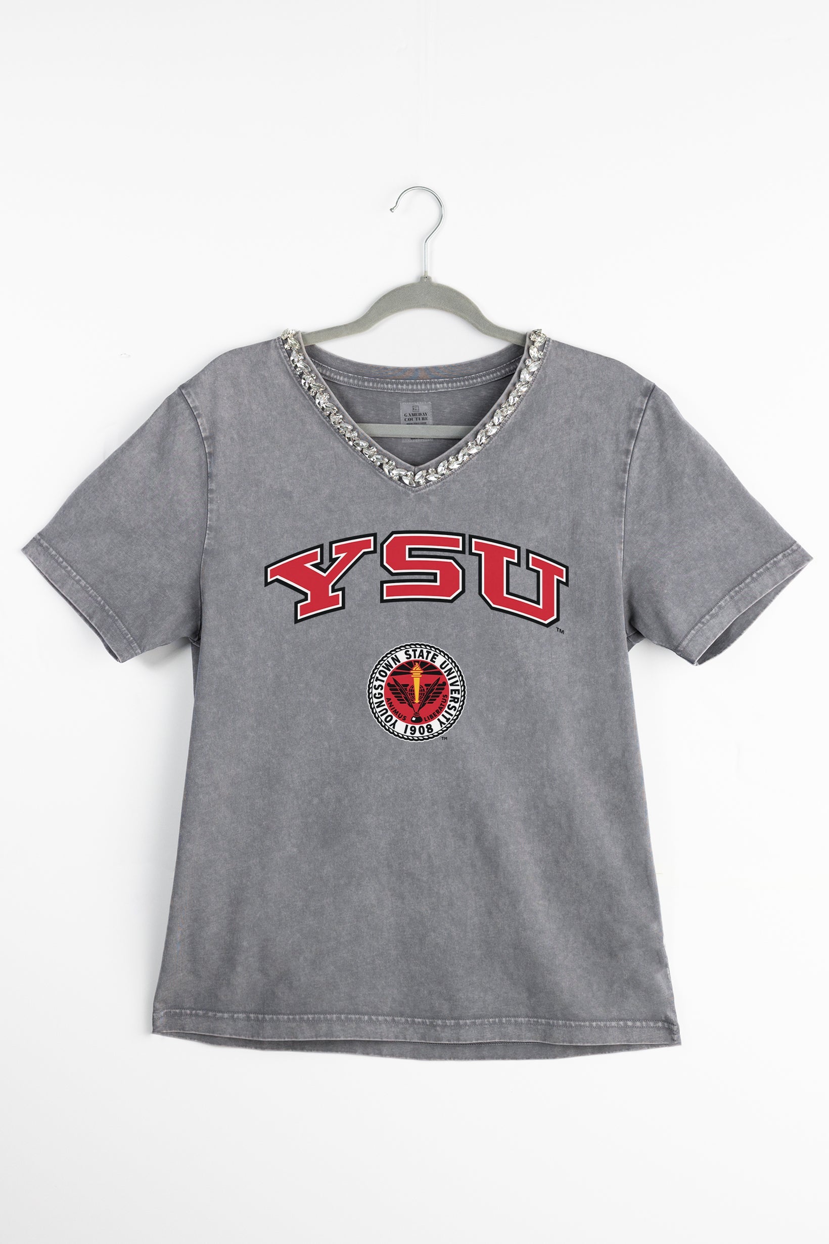 YOUNGSTOWN STATE PENGUINS ICONIC EDGE RHINESTONE TRIM V-NECK TEE