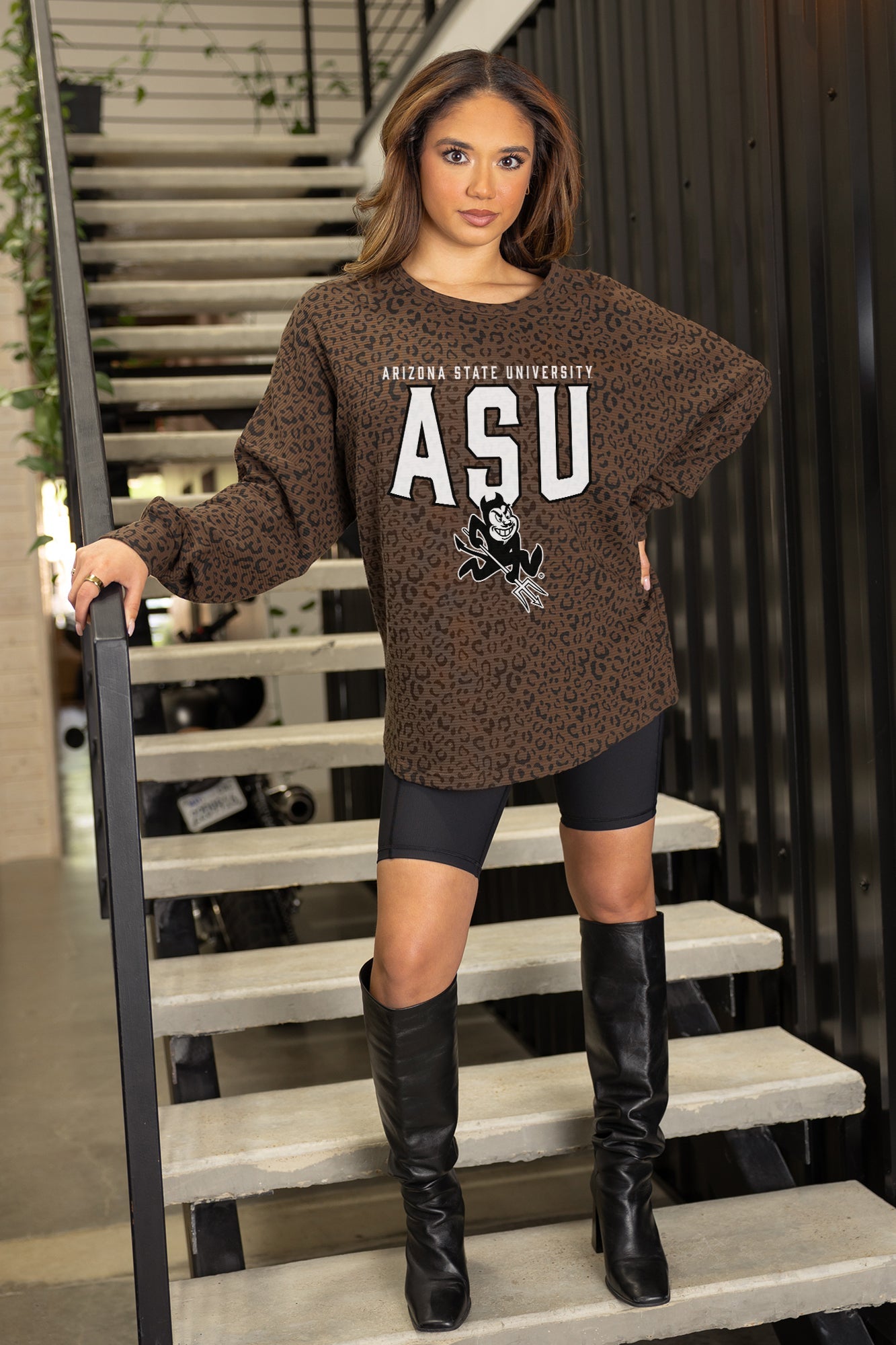 ARIZONA STATE SUN DEVILS VITAL STYLE VINTAGE WASH CORDED PULLOVER IN BROWN LEOPARD