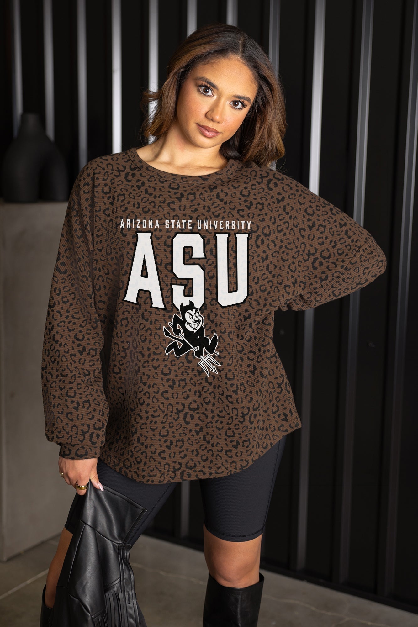 ARIZONA STATE SUN DEVILS VITAL STYLE VINTAGE WASH CORDED PULLOVER IN BROWN LEOPARD
