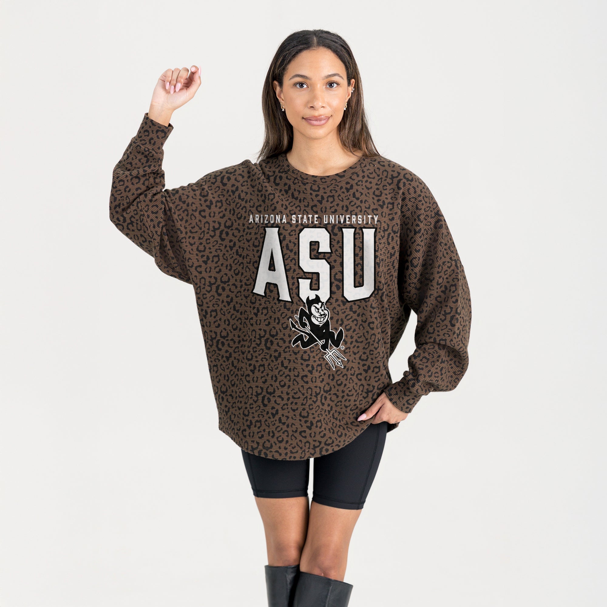ARIZONA STATE SUN DEVILS VITAL STYLE VINTAGE WASH CORDED PULLOVER IN BROWN LEOPARD