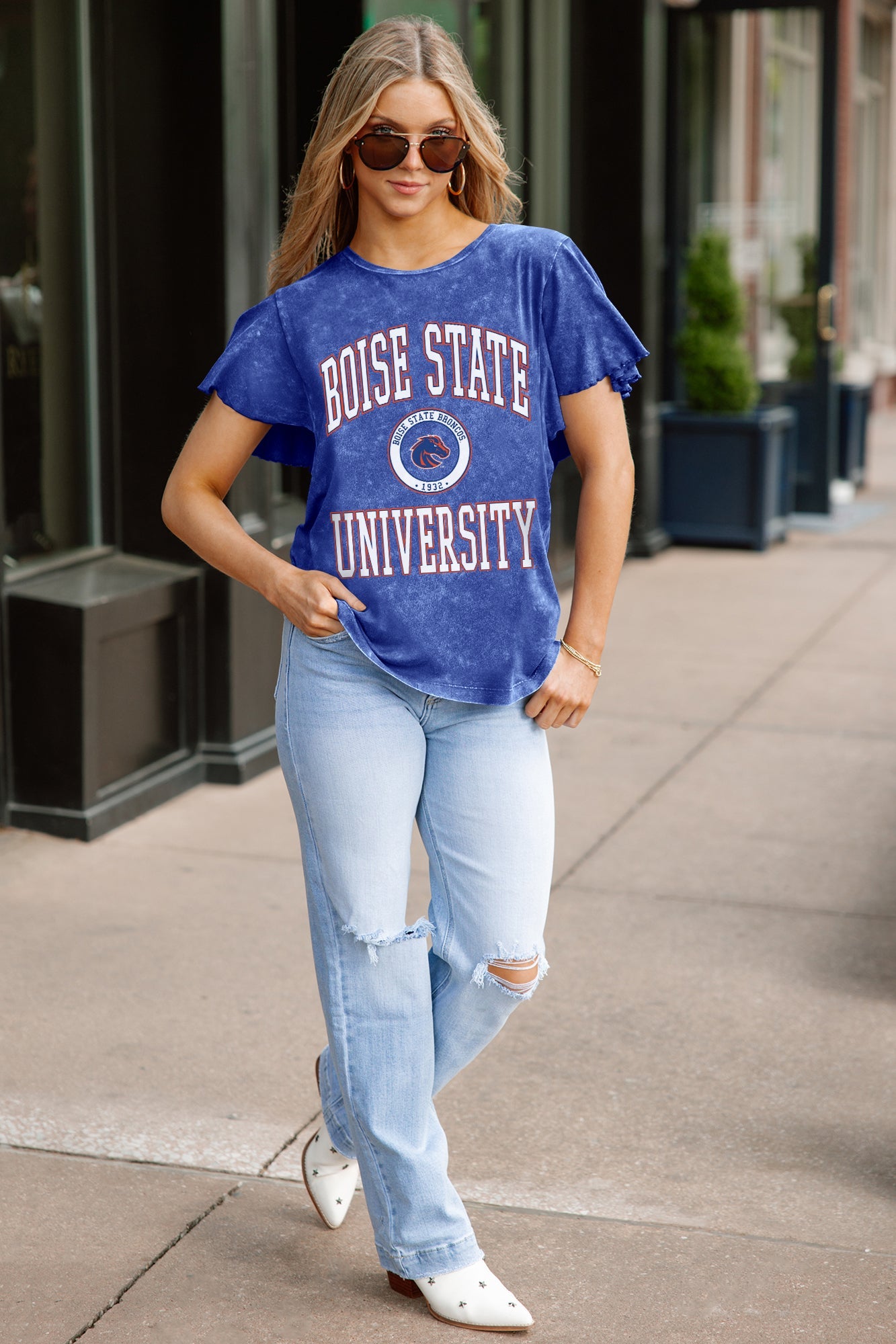 BOISE STATE BRONCOS VICTORY MODE FLUTTER SLEEVE TEE IN ROYAL