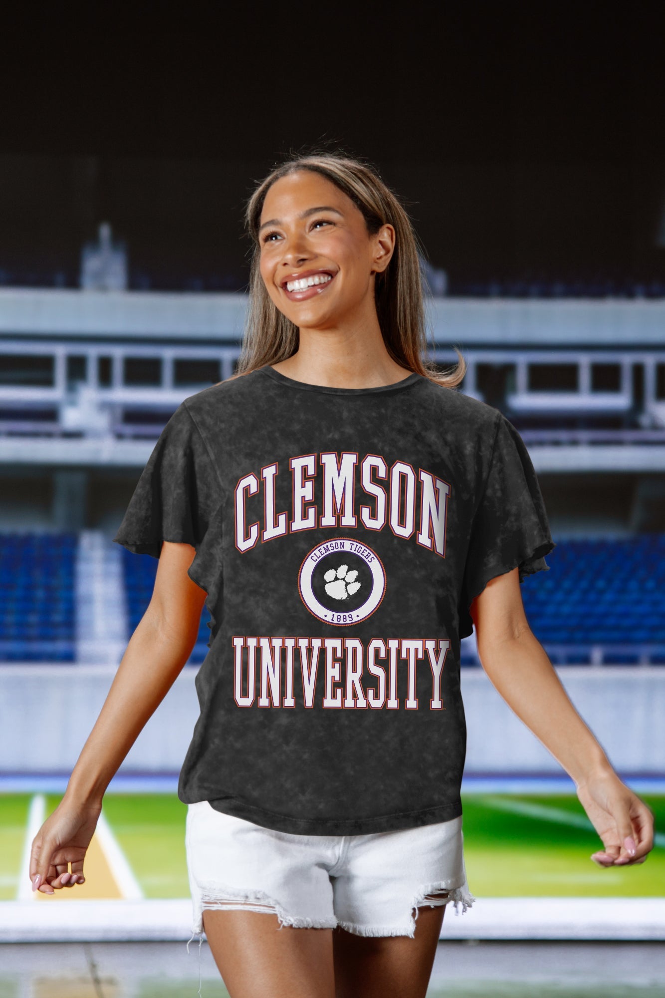 CLEMSON TIGERS VICTORY MODE FLUTTER SLEEVE TEE IN BLACK