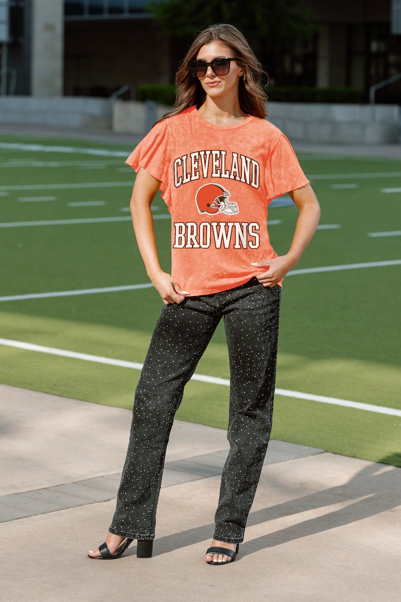 CLEVELAND BROWNS VICTORY MODE FLUTTER SLEEVE TEE IN ORANGE