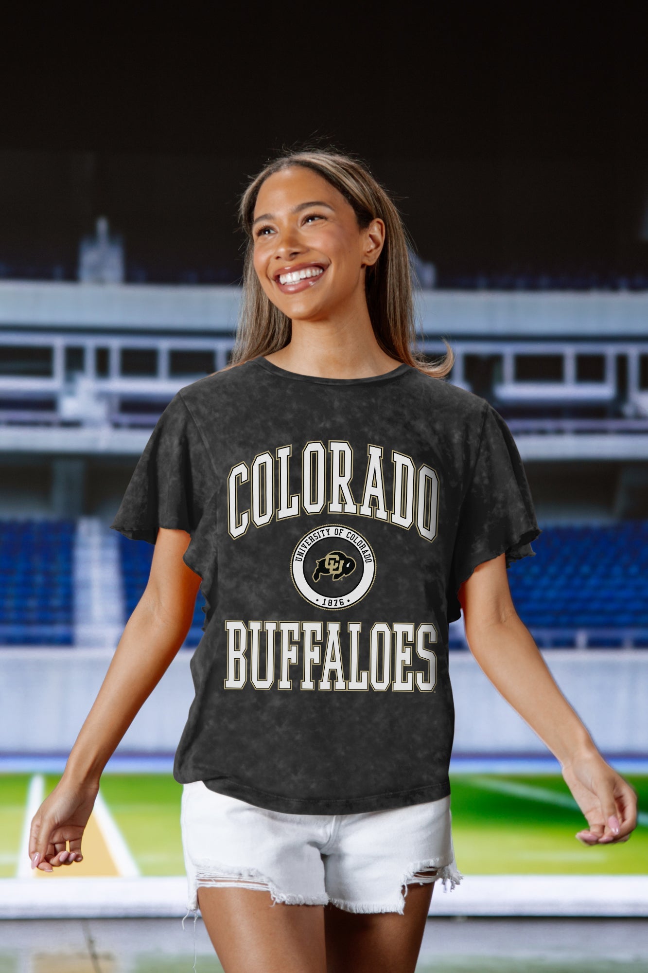 COLORADO BUFFALOES VICTORY MODE FLUTTER SLEEVE TEE IN BLACK