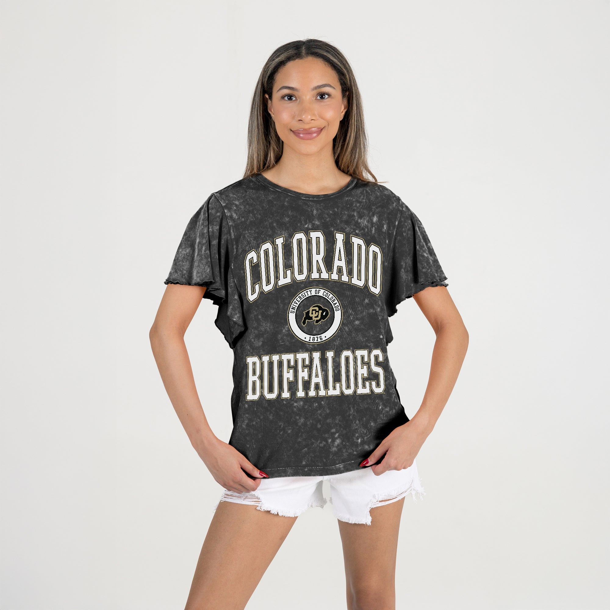 COLORADO BUFFALOES VICTORY MODE FLUTTER SLEEVE TEE IN BLACK