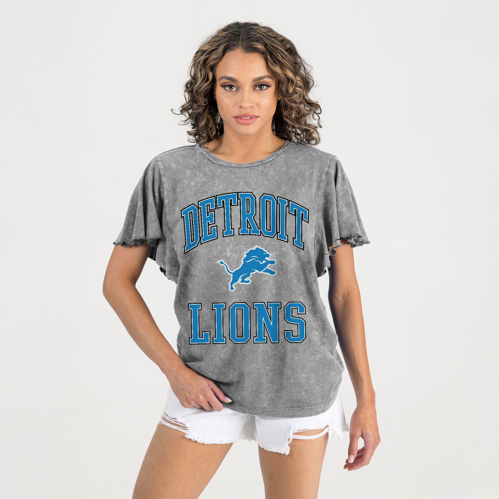 DETROIT LIONS VICTORY MODE FLUTTER SLEEVE TEE IN GREY