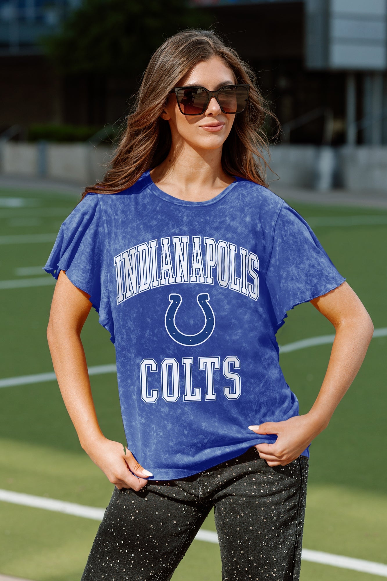 INDIANAPOLIS COLTS VICTORY MODE FLUTTER SLEEVE TEE IN ROYAL