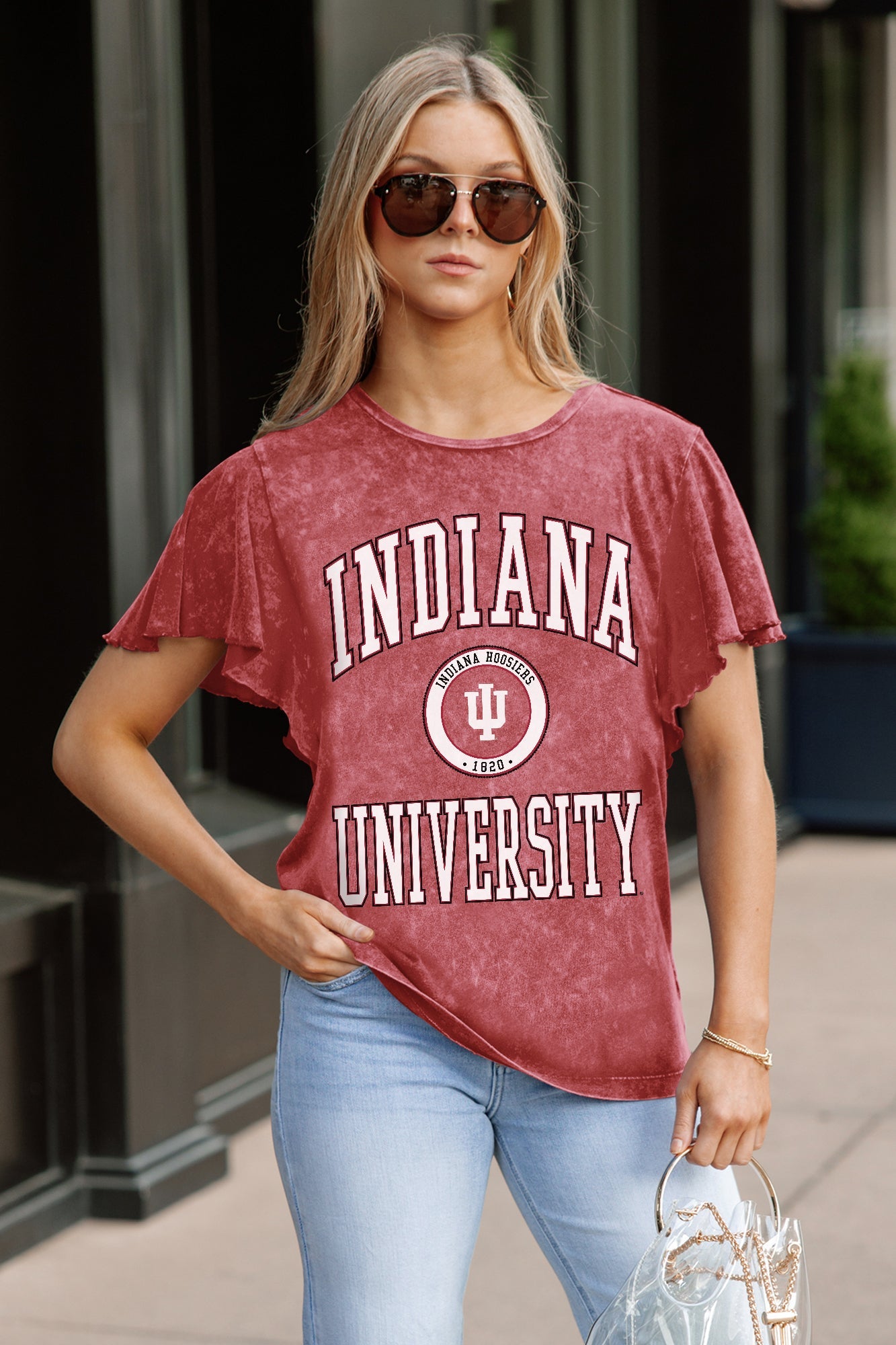 INDIANA HOOSIERS VICTORY MODE FLUTTER SLEEVE TEE IN CRIMSON