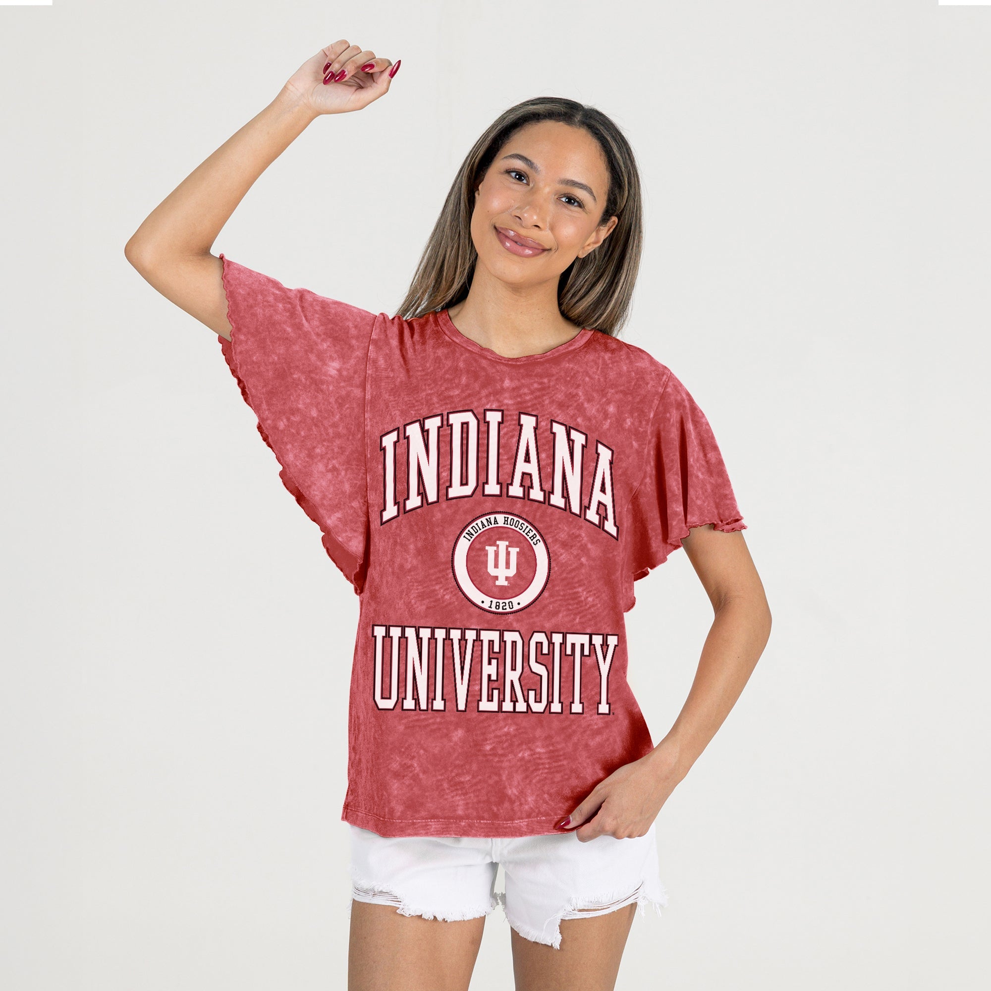 INDIANA HOOSIERS VICTORY MODE FLUTTER SLEEVE TEE IN CRIMSON