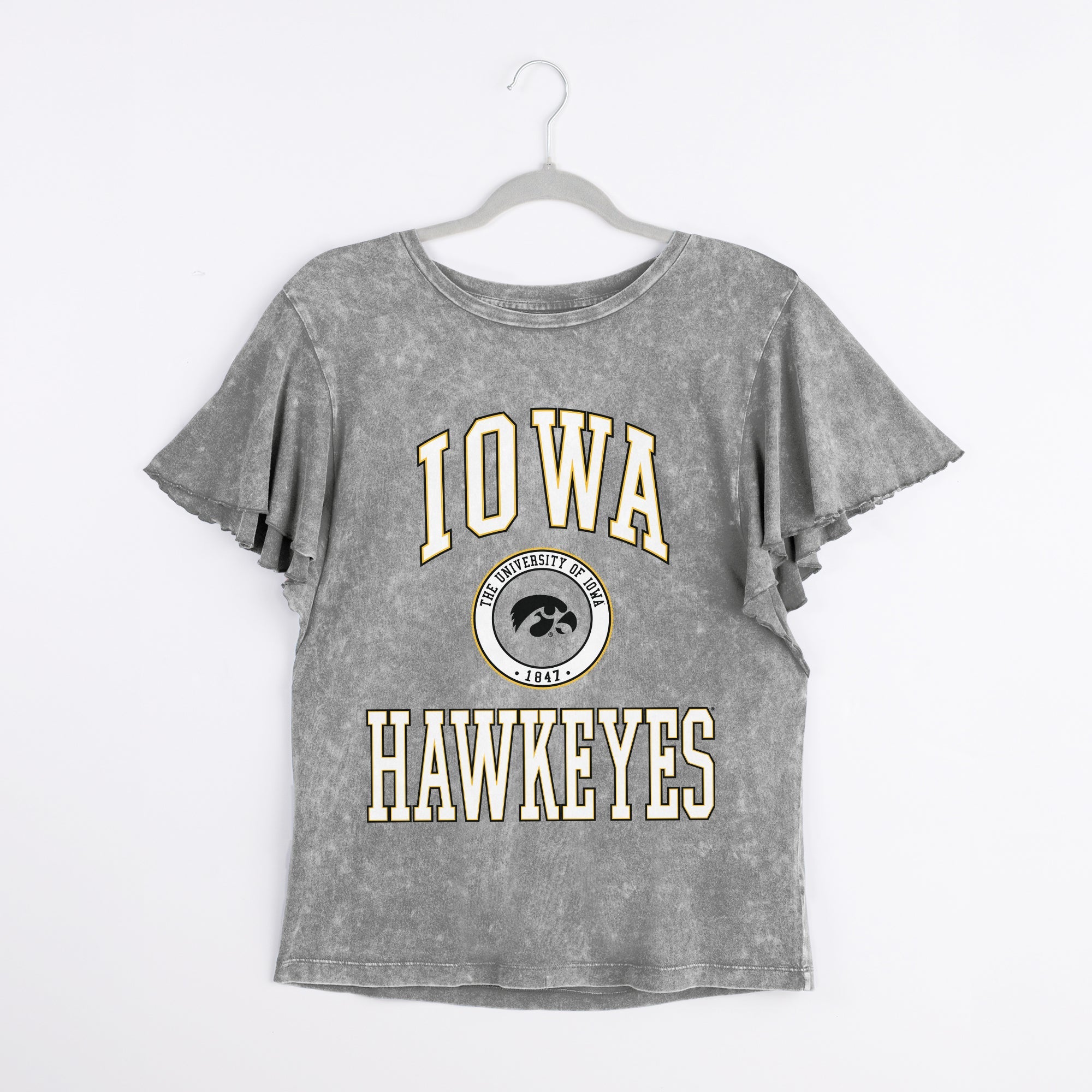 IOWA HAWKEYES VICTORY MODE FLUTTER SLEEVE TEE IN GREY