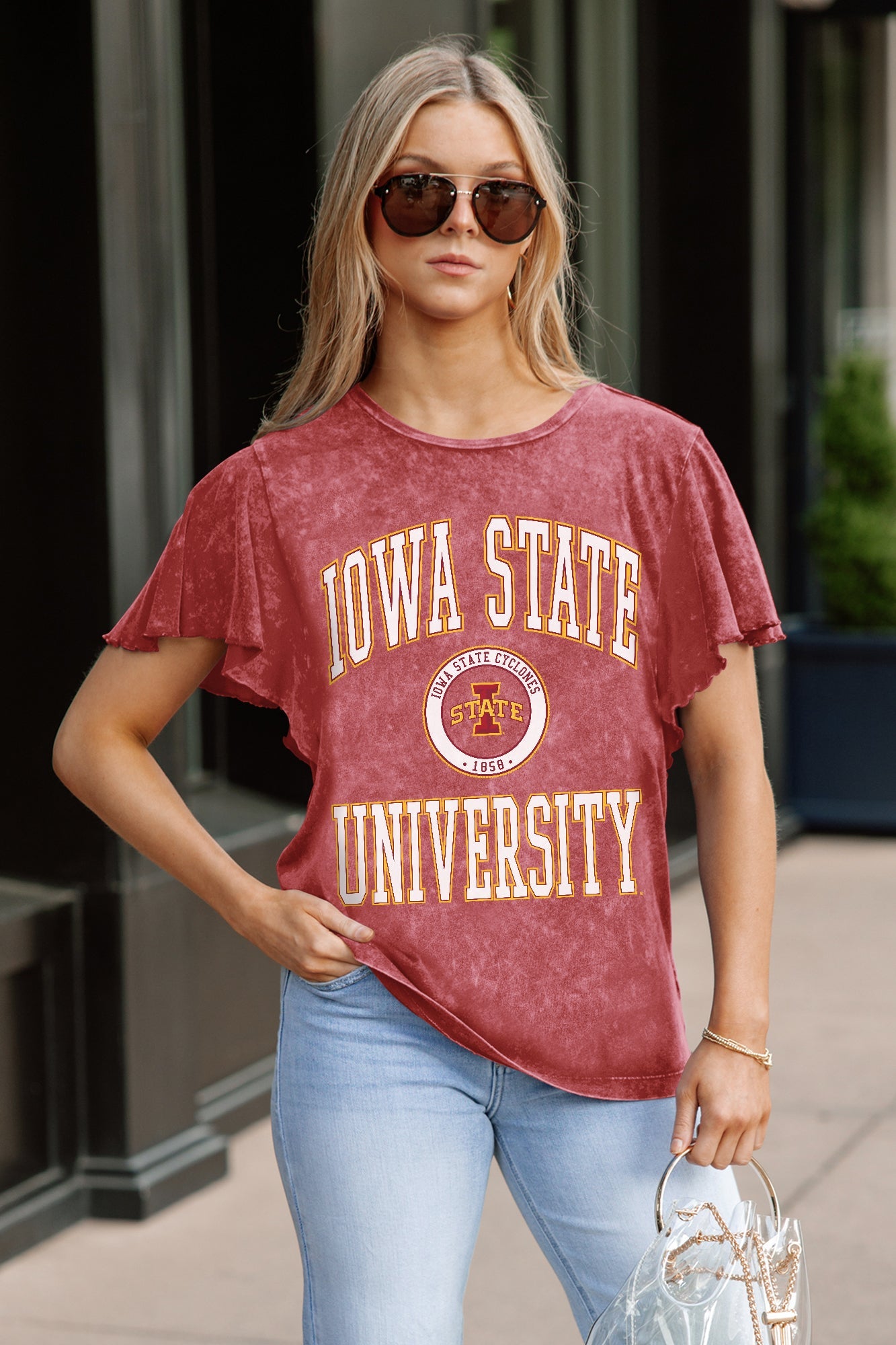 IOWA STATE CYCLONES VICTORY MODE FLUTTER SLEEVE TEE IN CRIMSON