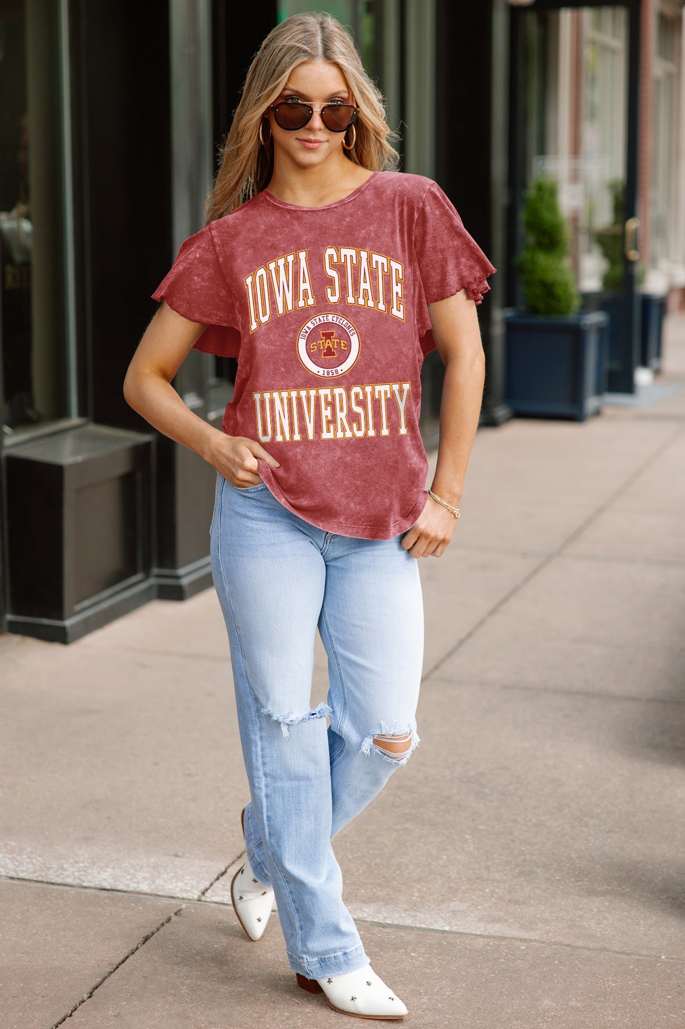 IOWA STATE CYCLONES VICTORY MODE FLUTTER SLEEVE TEE IN CRIMSON