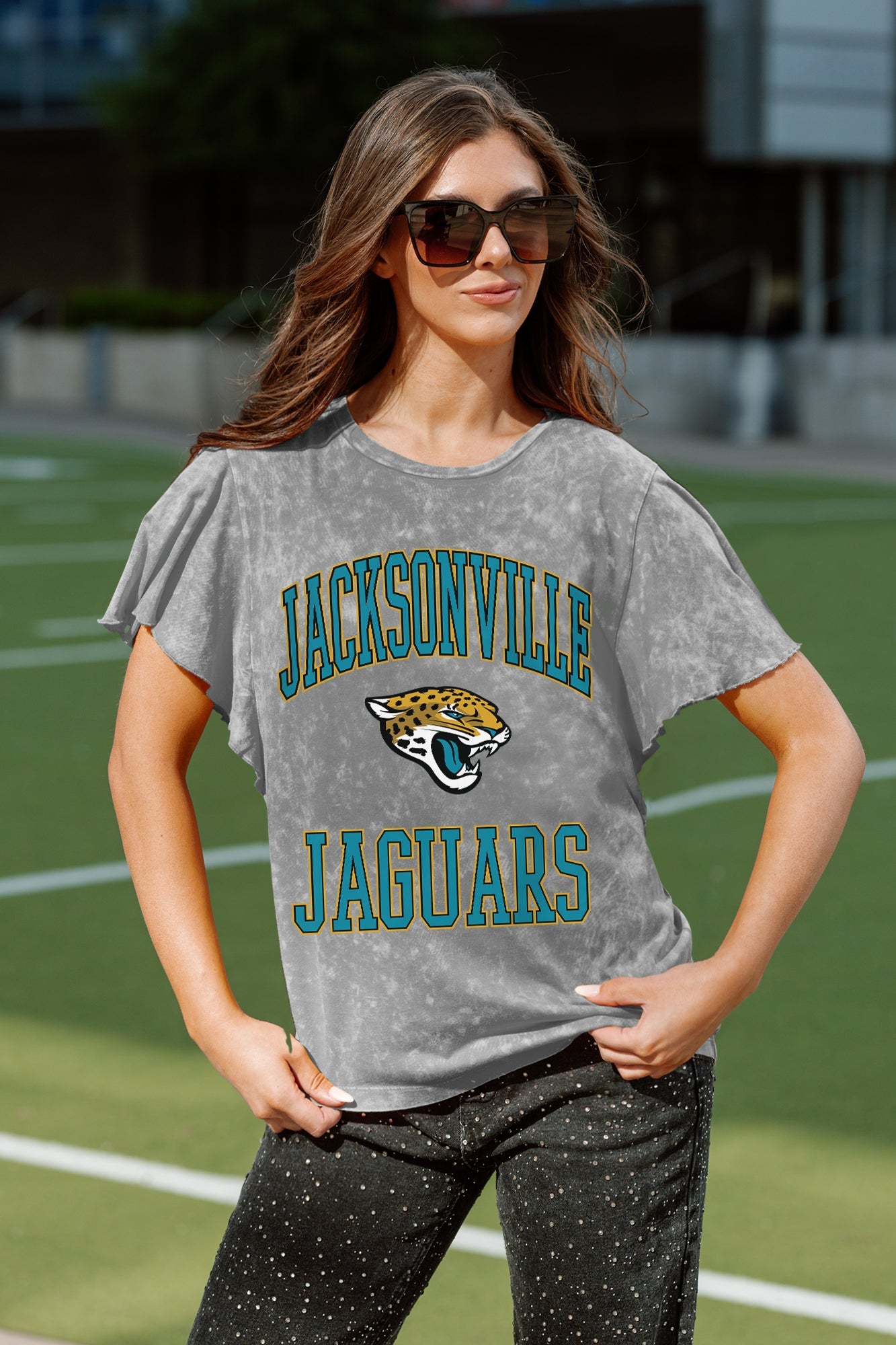 JACKSONVILLE JAGUARS VICTORY MODE FLUTTER SLEEVE TEE IN GREY