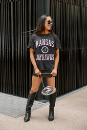 KANSAS JAYHAWKS VICTORY MODE FLUTTER SLEEVE TEE IN BLACK