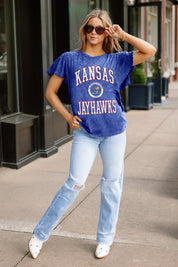 KANSAS JAYHAWKS VICTORY MODE FLUTTER SLEEVE TEE IN ROYAL