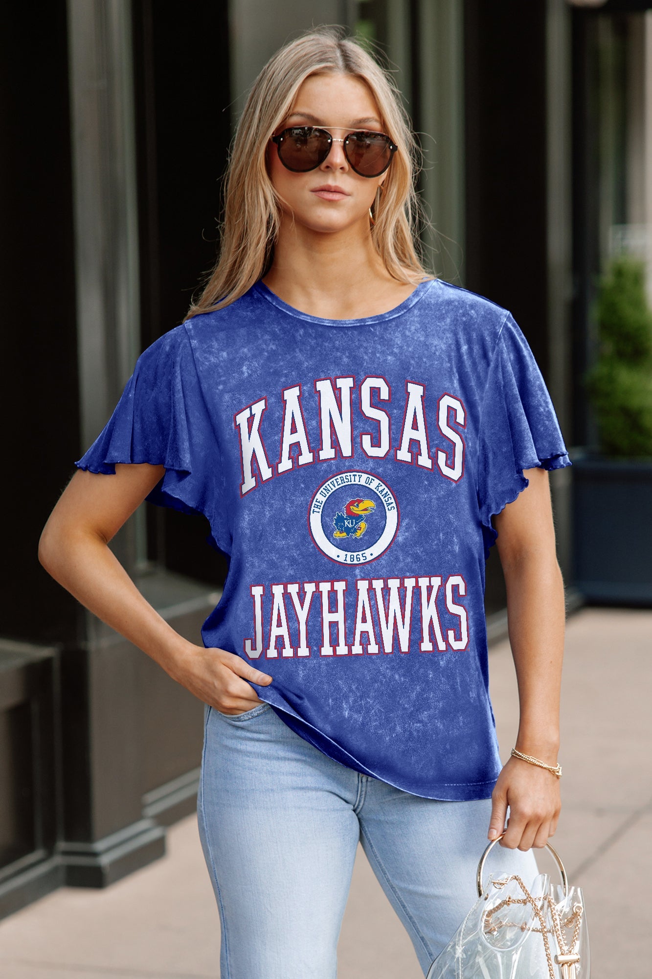 KANSAS JAYHAWKS VICTORY MODE FLUTTER SLEEVE TEE IN ROYAL