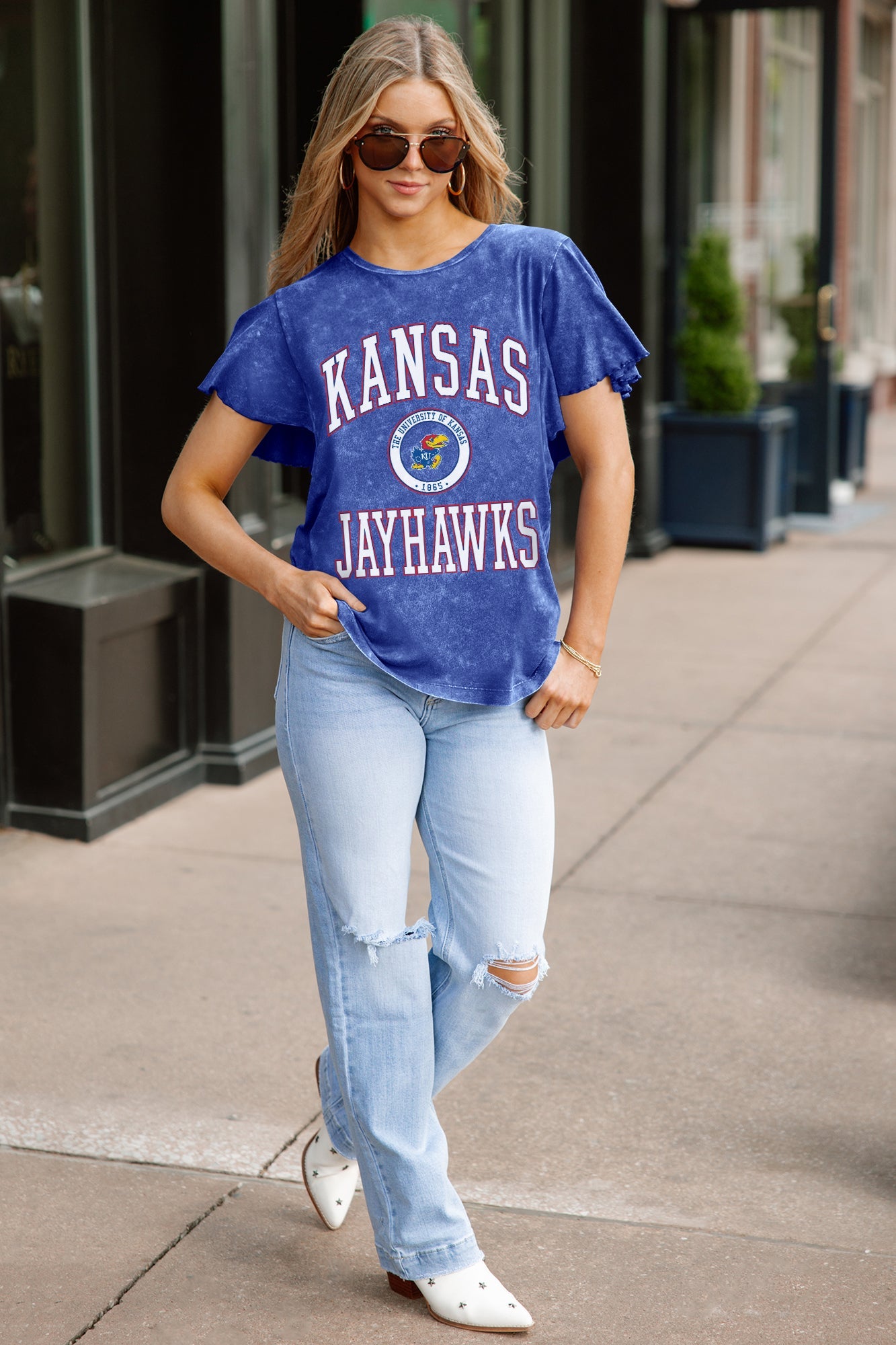 KANSAS JAYHAWKS VICTORY MODE FLUTTER SLEEVE TEE IN ROYAL