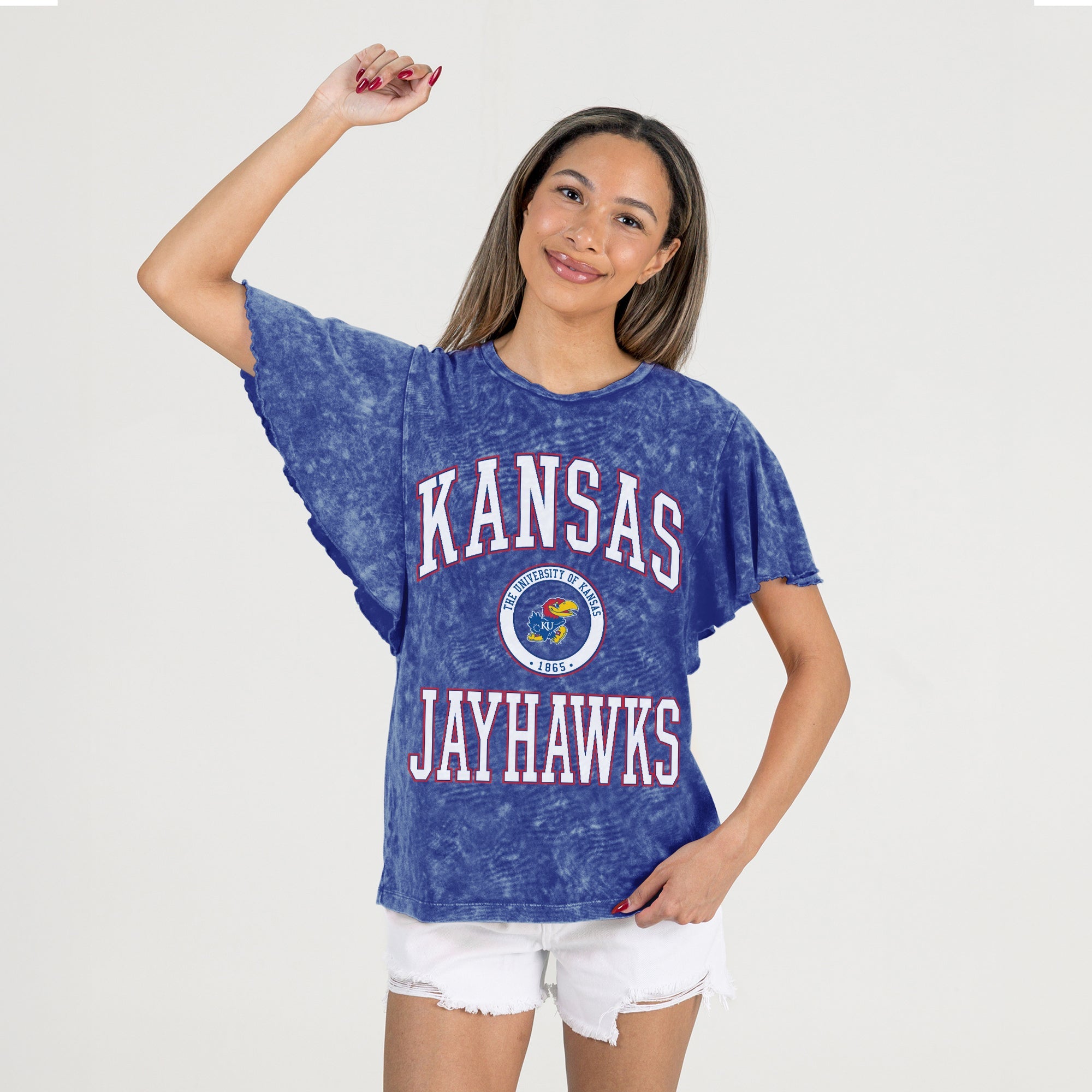 KANSAS JAYHAWKS VICTORY MODE FLUTTER SLEEVE TEE IN ROYAL
