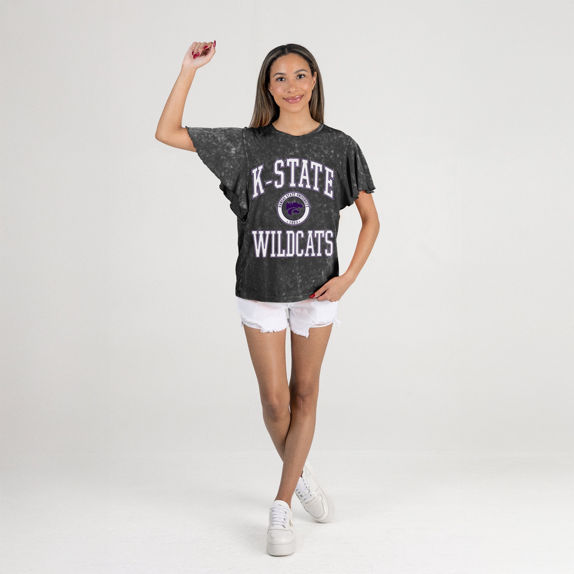 KANSAS STATE WILDCATS VICTORY MODE FLUTTER SLEEVE TEE IN BLACK