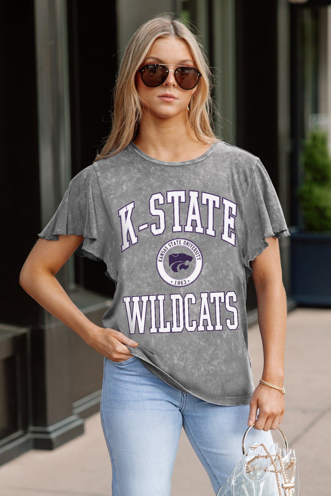 KANSAS STATE WILDCATS VICTORY MODE FLUTTER SLEEVE TEE IN GREY