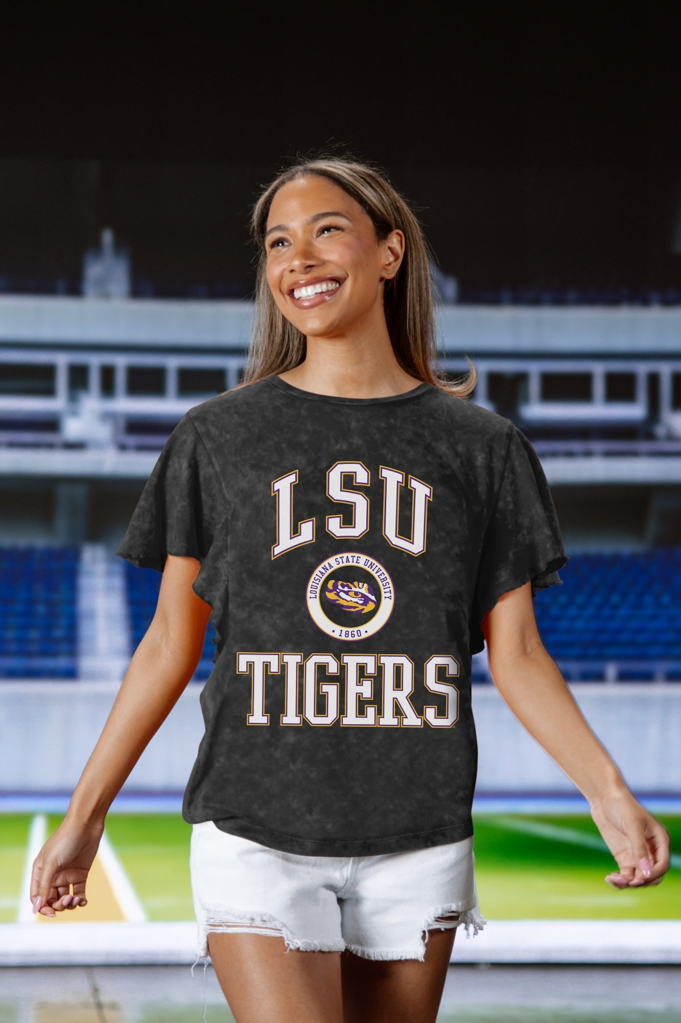 LSU TIGERS VICTORY MODE FLUTTER SLEEVE TEE IN BLACK