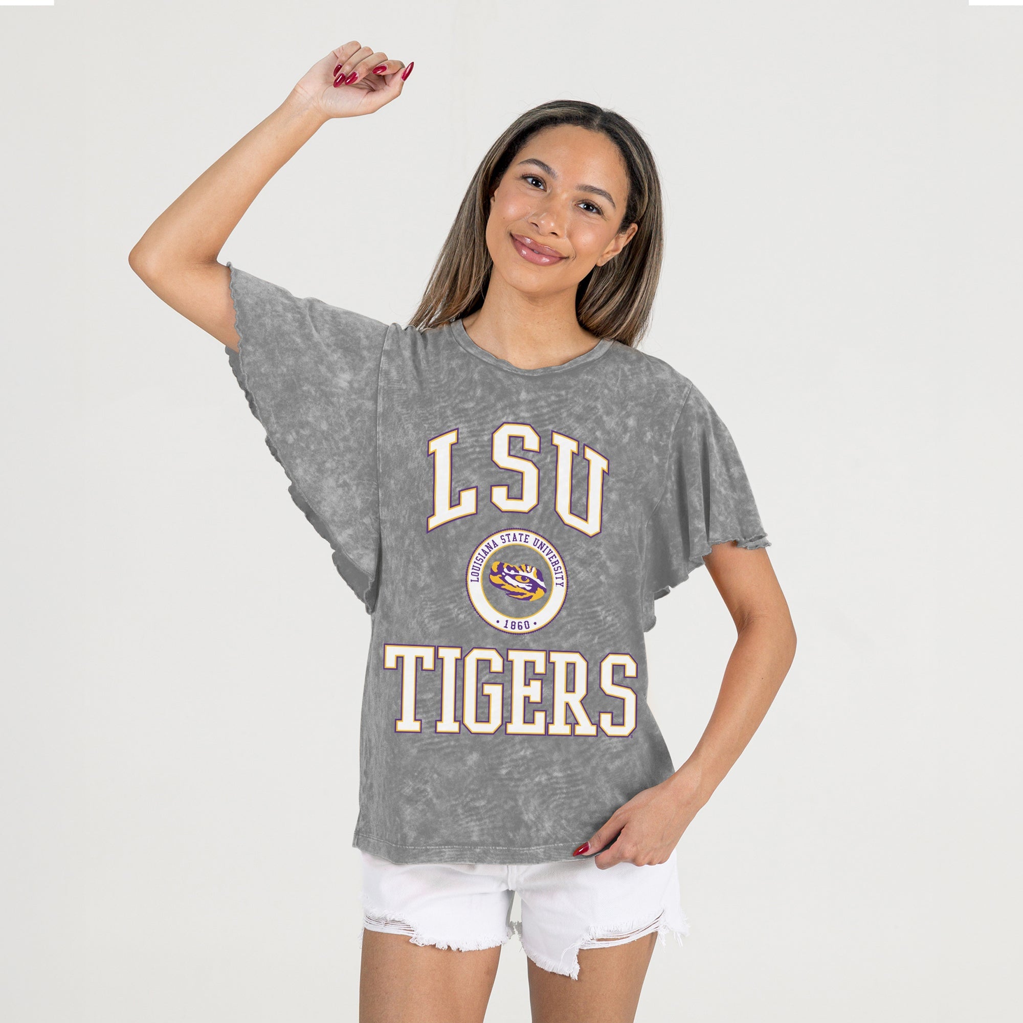LSU TIGERS VICTORY MODE FLUTTER SLEEVE TEE IN GREY