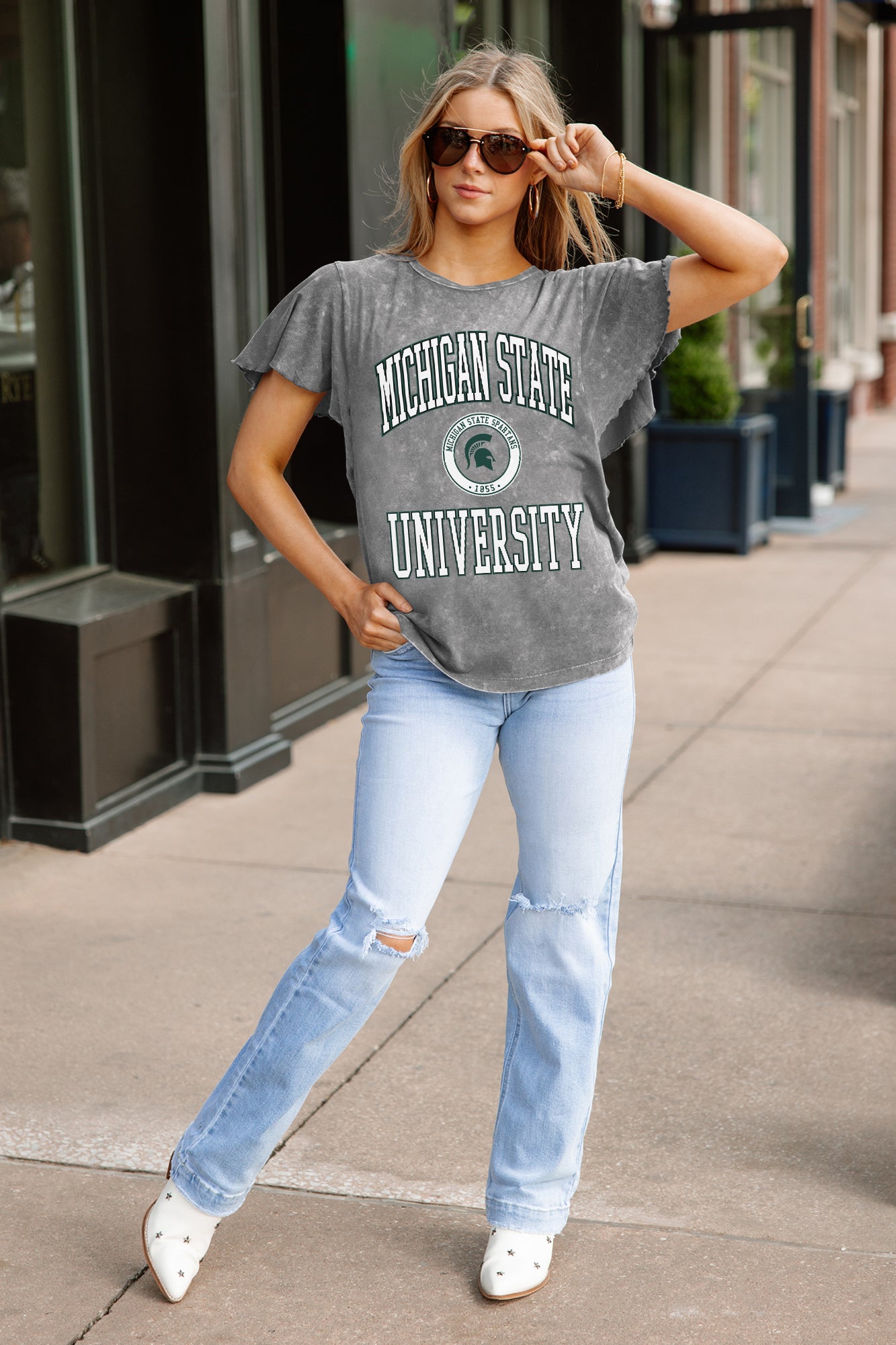 MICHIGAN STATE SPARTANS VICTORY MODE FLUTTER SLEEVE TEE IN GREY