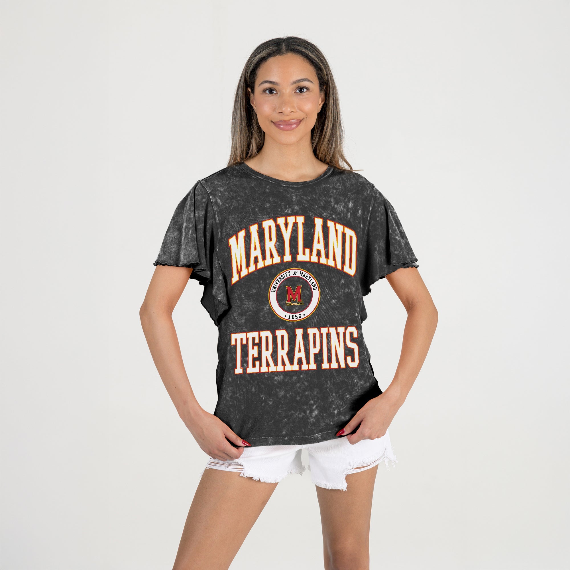 MARYLAND TERRAPINS VICTORY MODE FLUTTER SLEEVE TEE IN BLACK