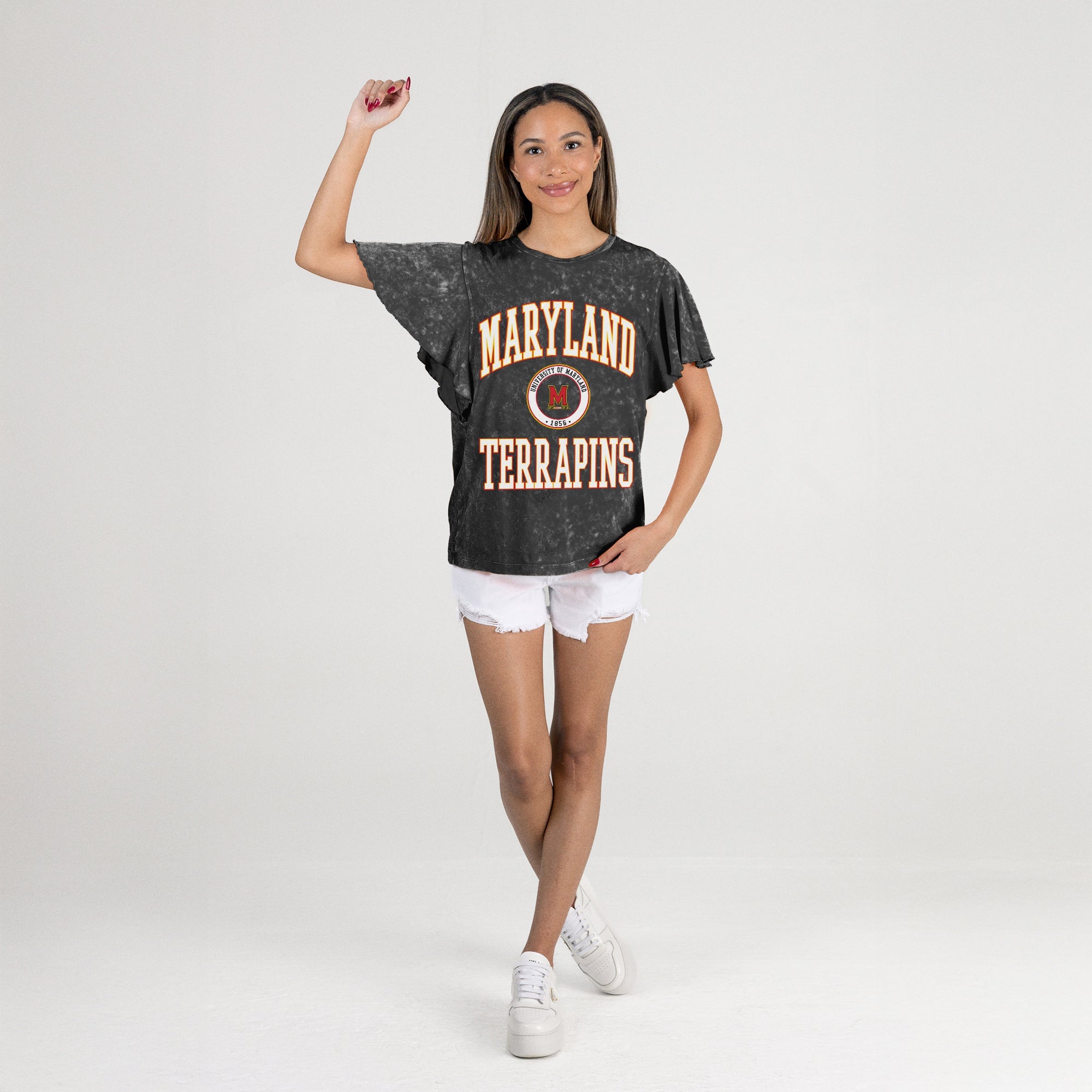 MARYLAND TERRAPINS VICTORY MODE FLUTTER SLEEVE TEE IN BLACK