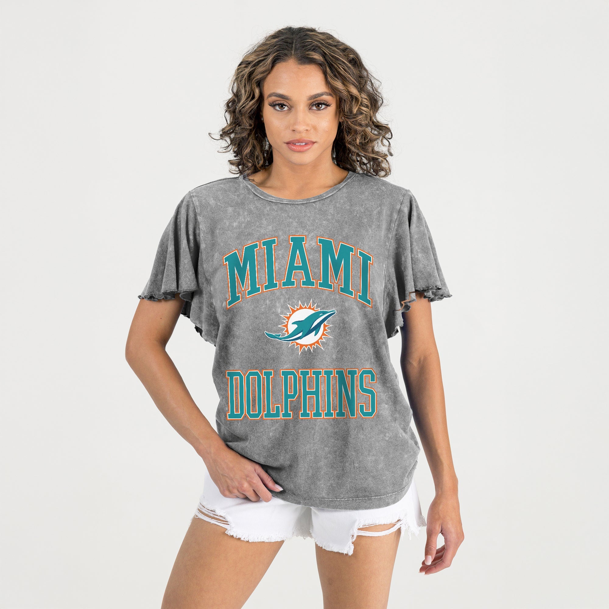MIAMI DOLPHINS VICTORY MODE FLUTTER SLEEVE TEE IN GREY