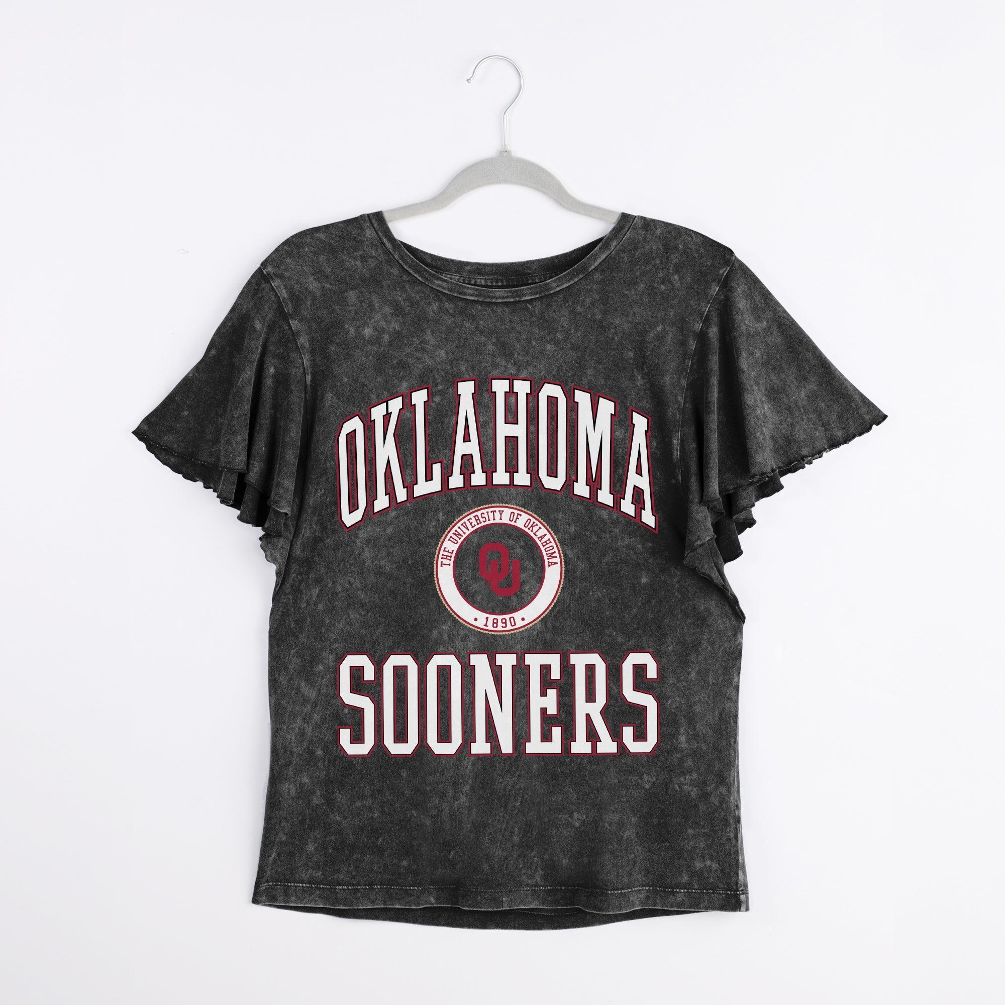 OKLAHOMA SOONERS VICTORY MODE FLUTTER SLEEVE TEE IN BLACK