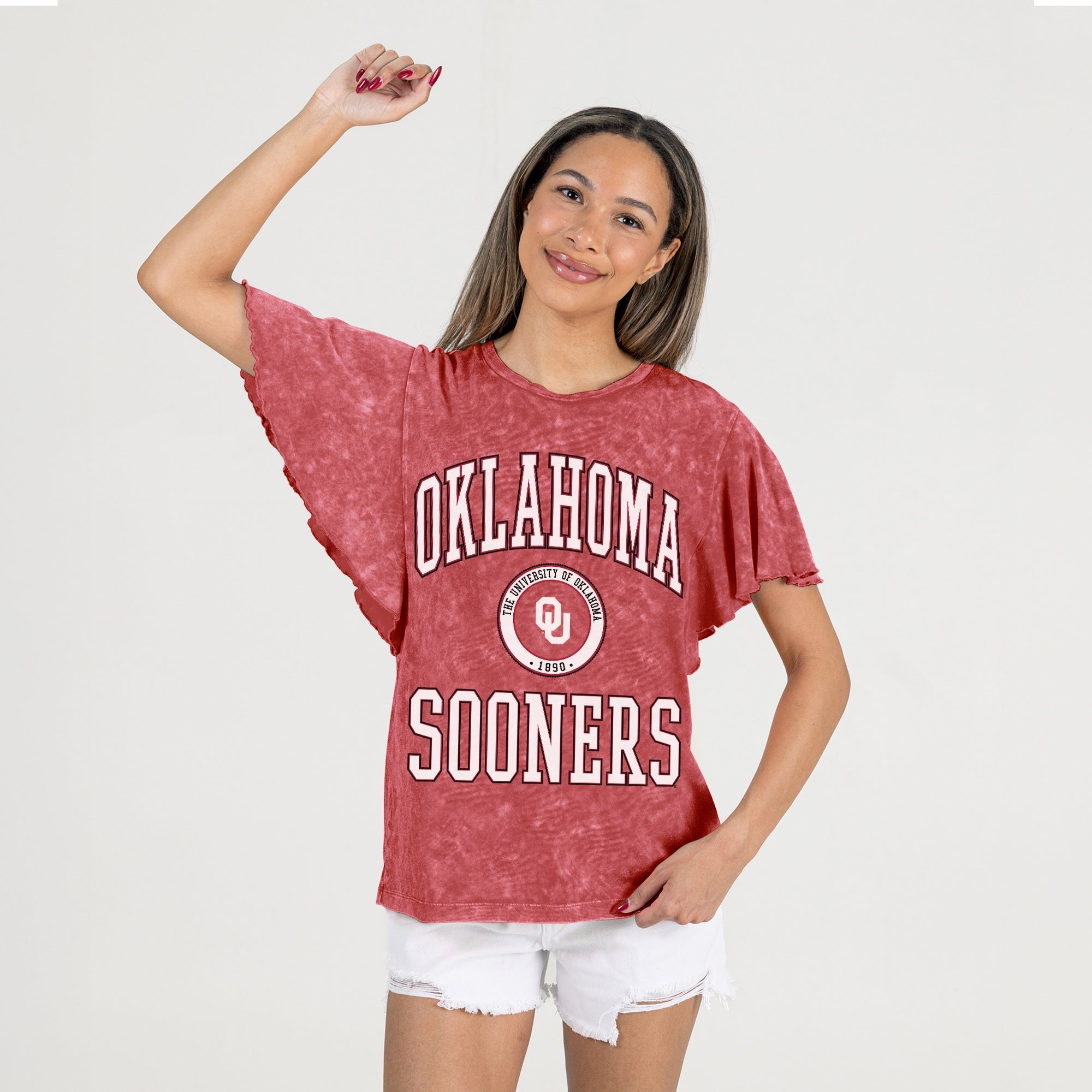 OKLAHOMA SOONERS VICTORY MODE FLUTTER SLEEVE TEE IN CRIMSON