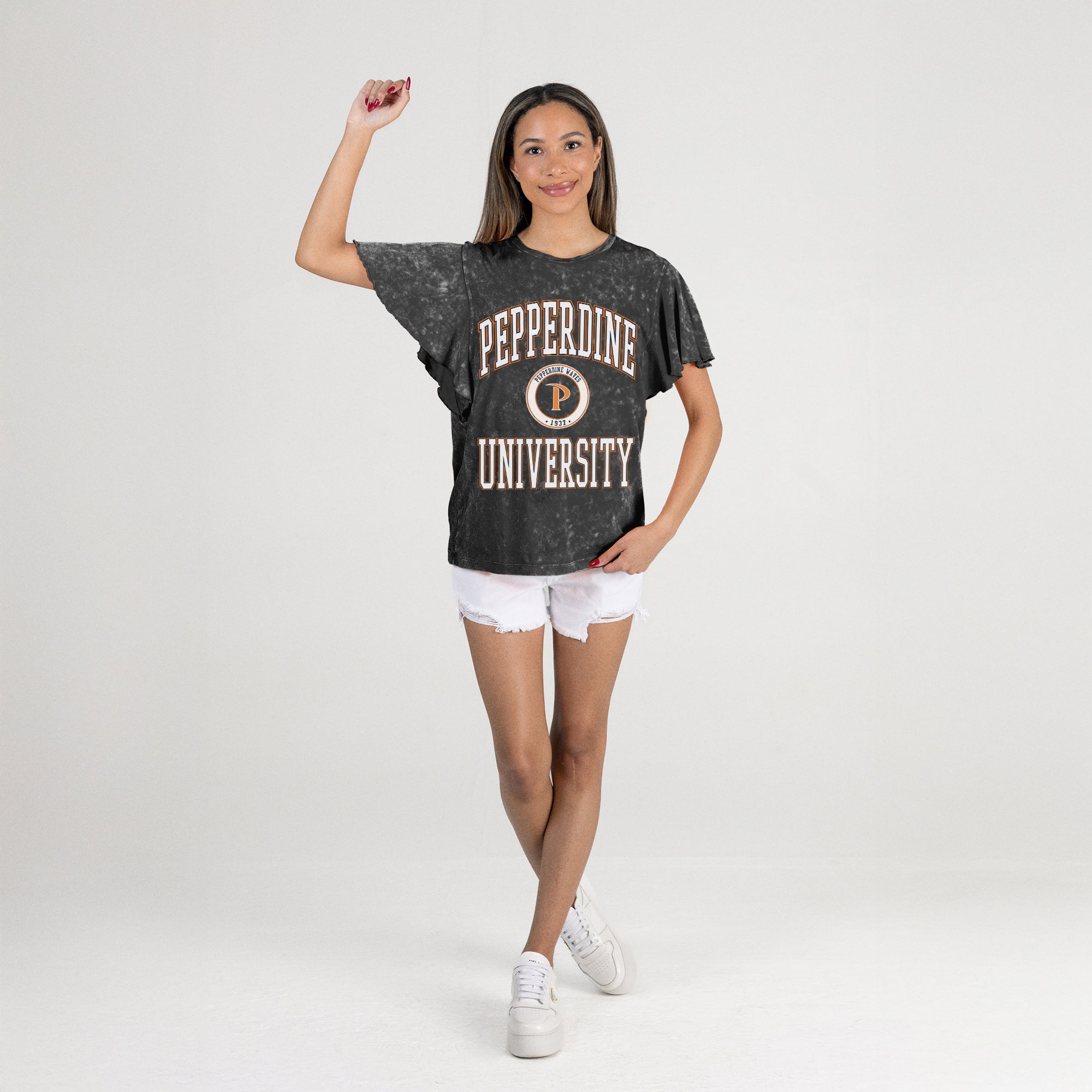 PEPPERDINE WAVES VICTORY MODE FLUTTER SLEEVE TEE IN BLACK