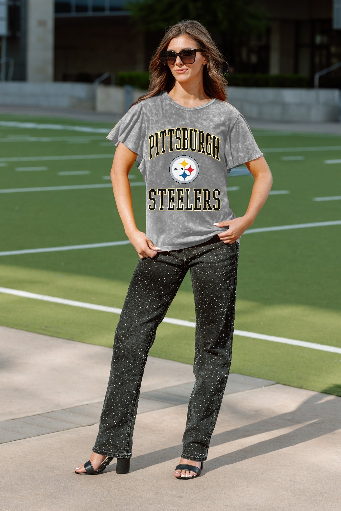 PITTSBURGH STEELERS VICTORY MODE FLUTTER SLEEVE TEE IN GREY