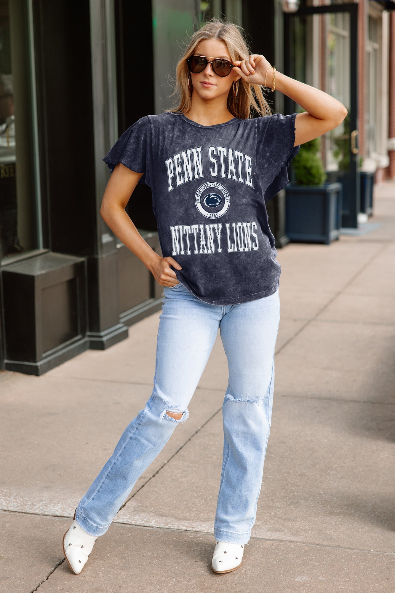 PENN STATE NITTANY LIONS VICTORY MODE FLUTTER SLEEVE TEE IN NAVY