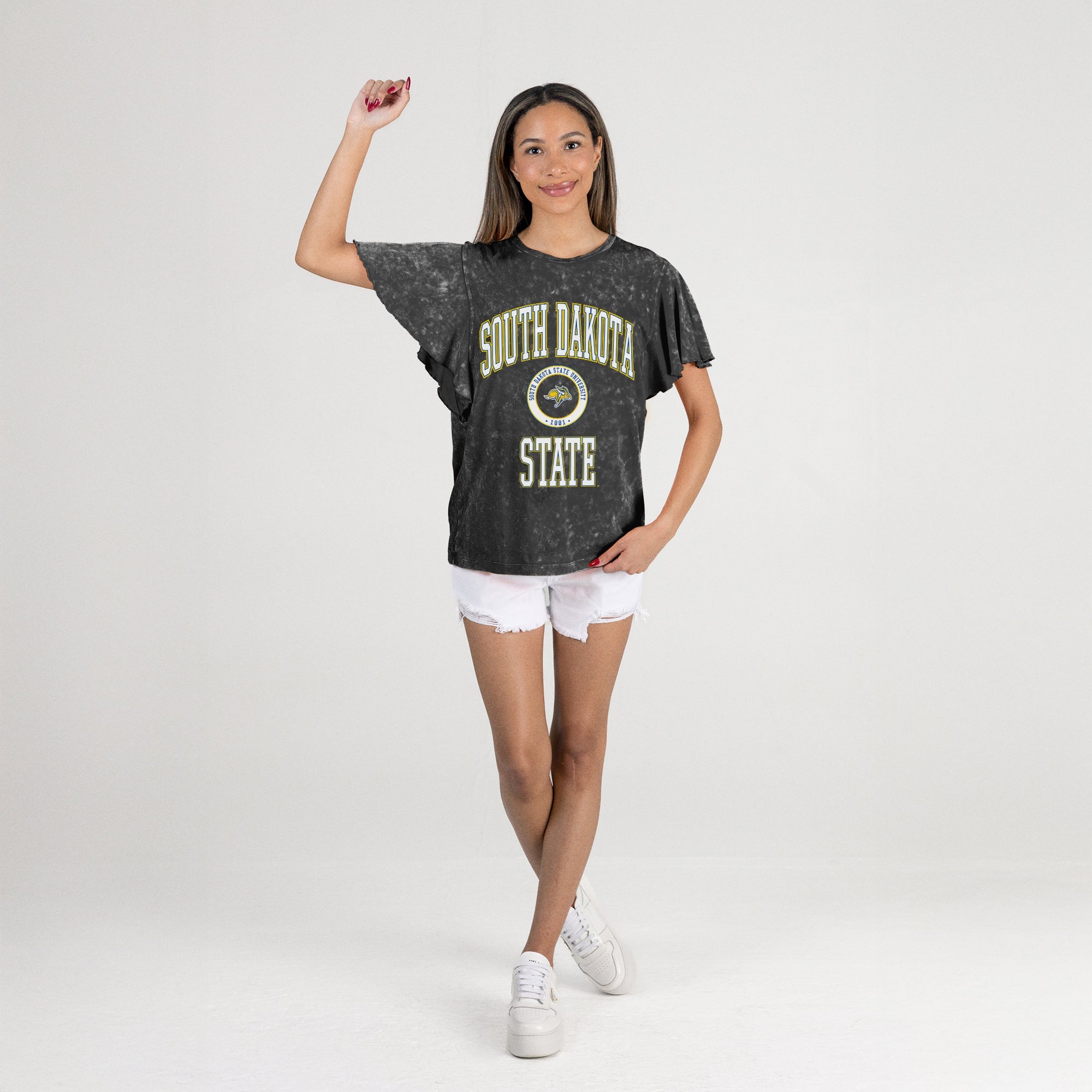 SOUTH DAKOTA STATE JACKRABBITS VICTORY MODE FLUTTER SLEEVE TEE IN BLACK