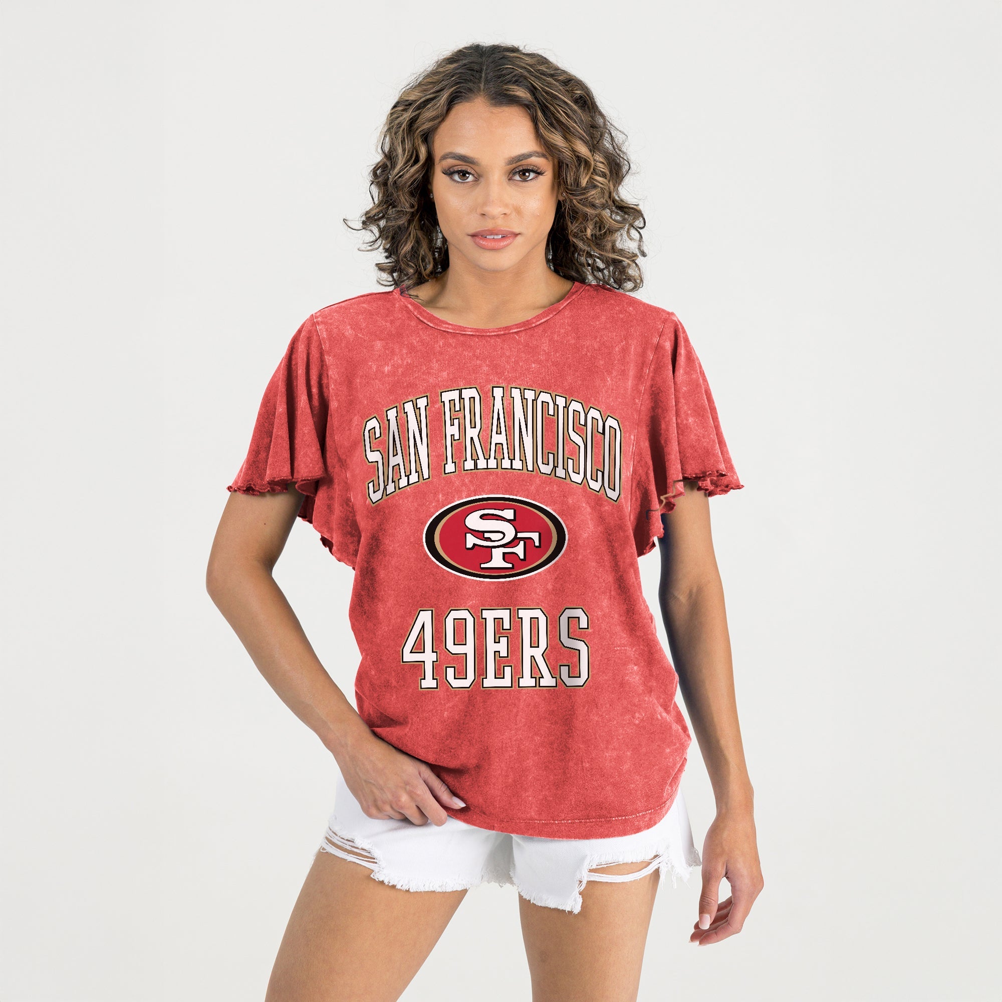 SAN FRANCISCO 49ERS VICTORY MODE FLUTTER SLEEVE TEE IN RED
