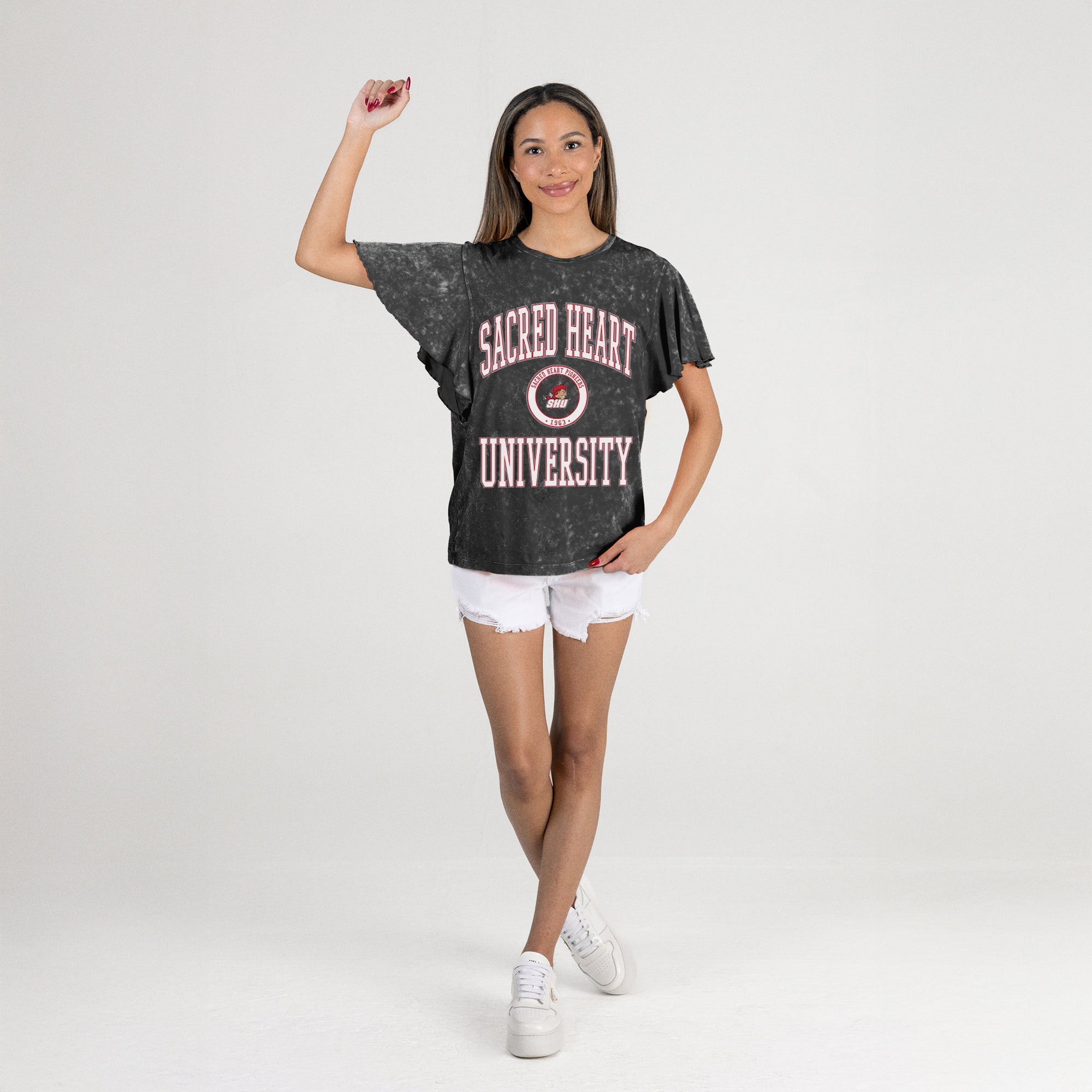 SACRED HEART PIONEERS VICTORY MODE FLUTTER SLEEVE TEE IN BLACK