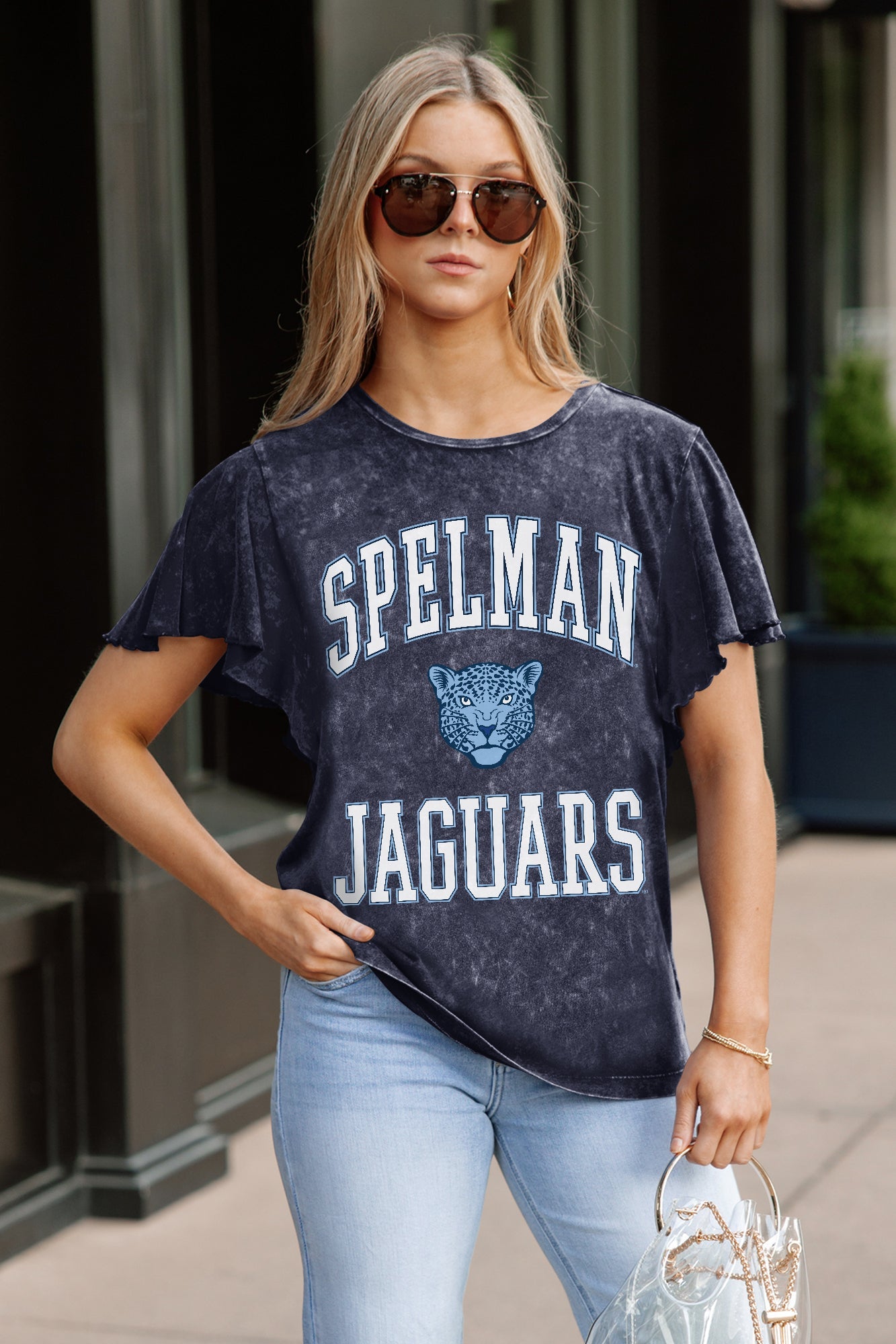 SPELMAN COLLEGE JAGUARS VICTORY MODE FLUTTER SLEEVE TEE IN NAVY