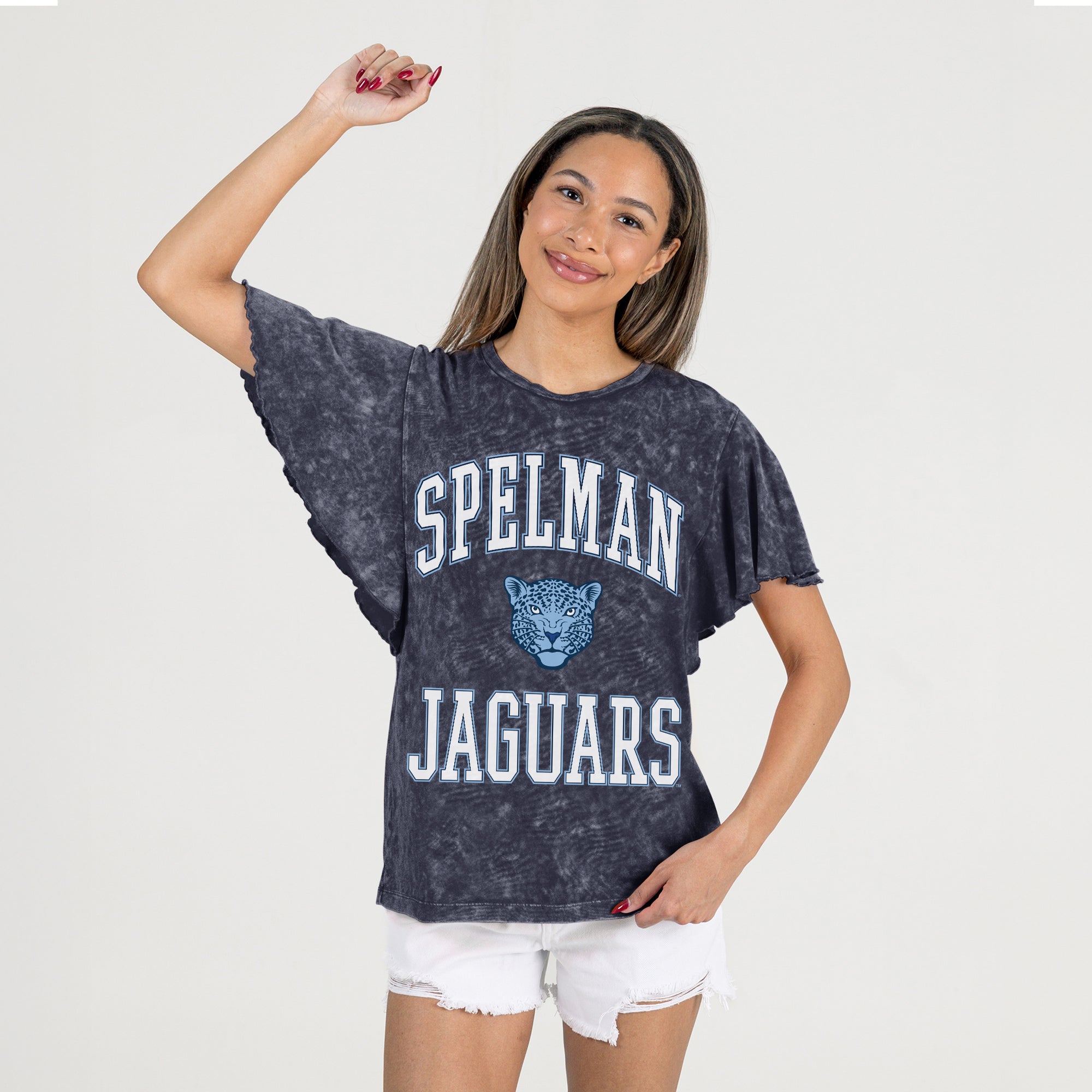 SPELMAN COLLEGE JAGUARS VICTORY MODE FLUTTER SLEEVE TEE IN NAVY