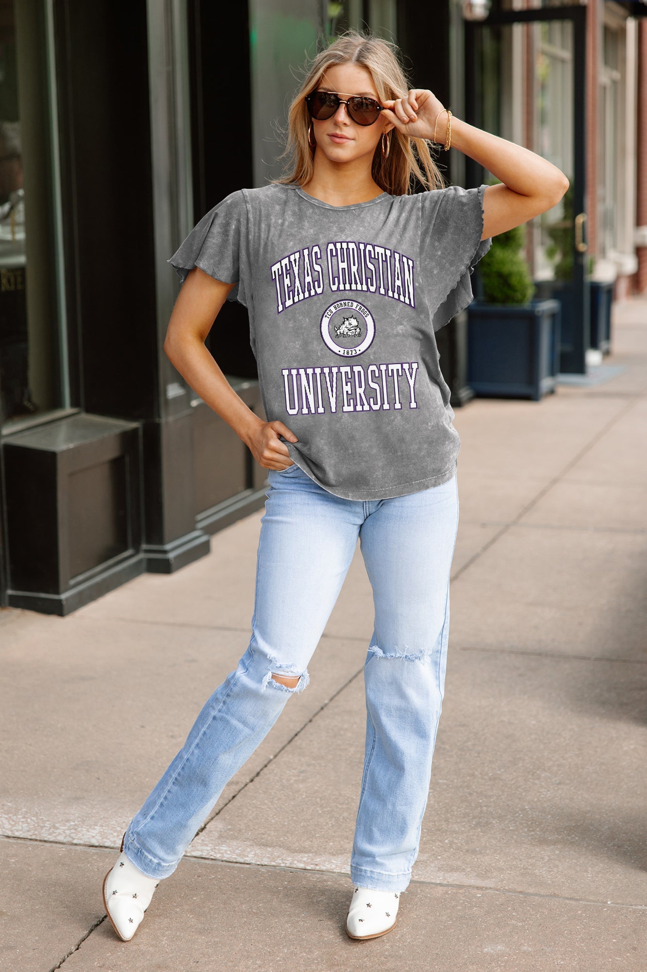 TCU HORNED FROGS VICTORY MODE FLUTTER SLEEVE TEE IN GREY