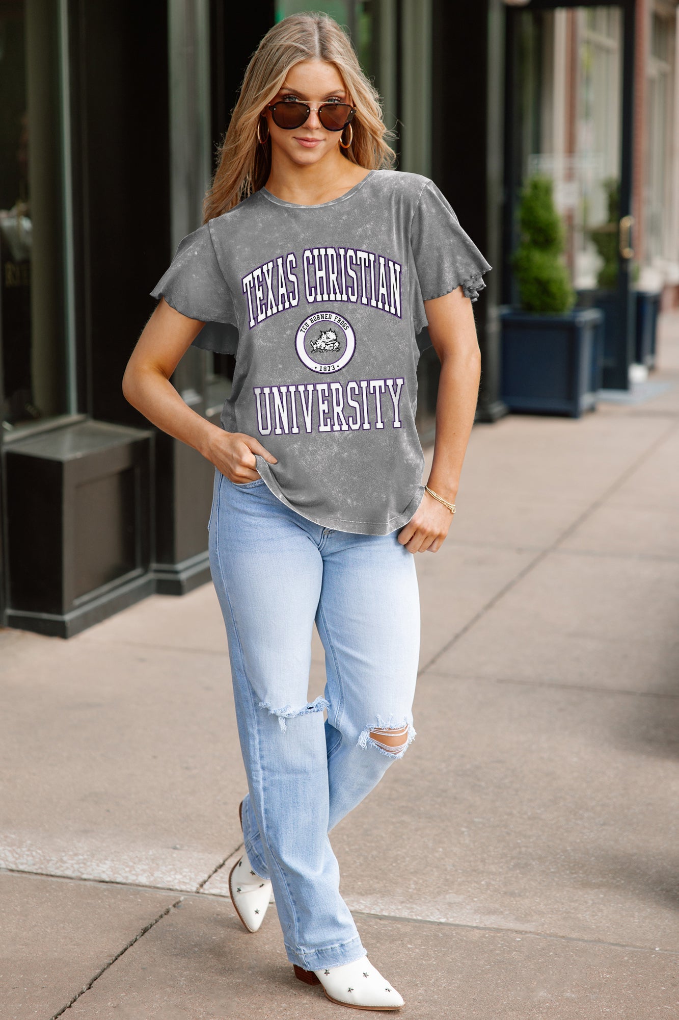 TCU HORNED FROGS VICTORY MODE FLUTTER SLEEVE TEE IN GREY