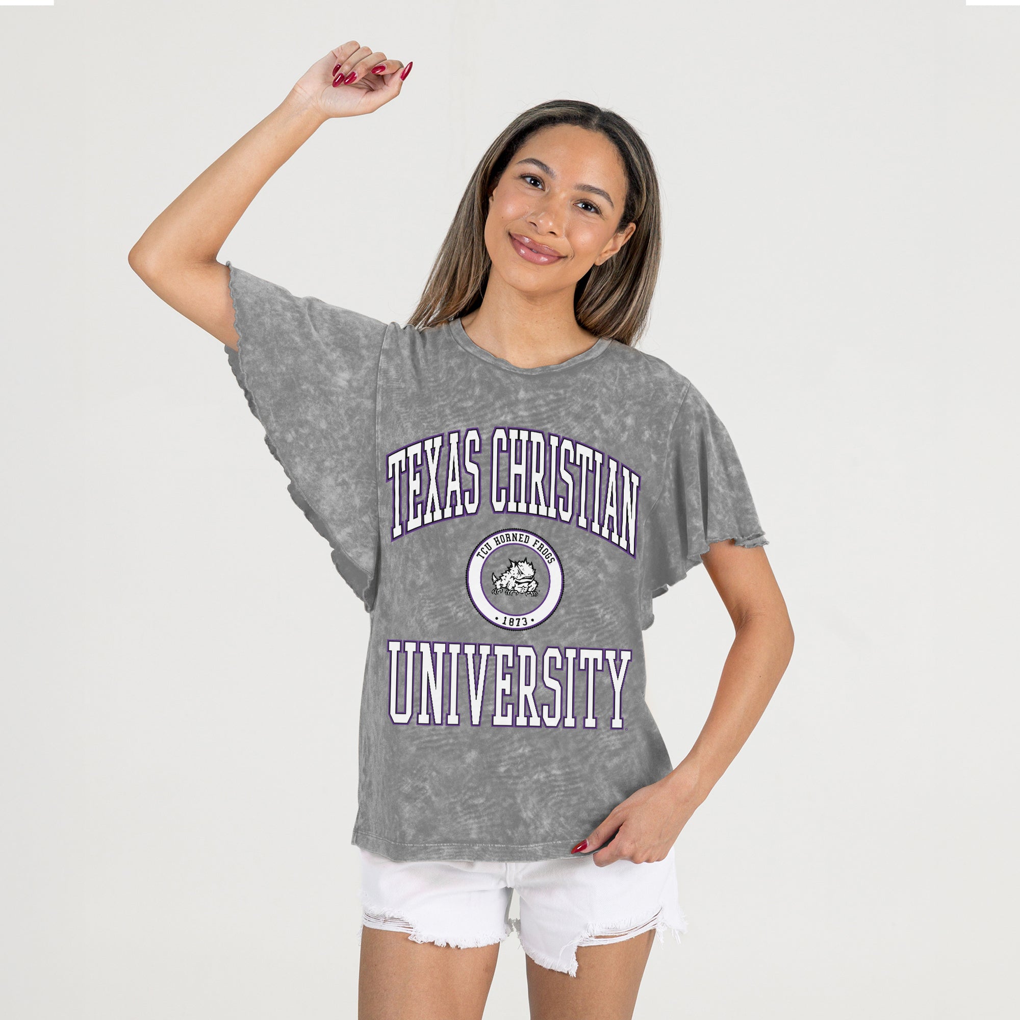 TCU HORNED FROGS VICTORY MODE FLUTTER SLEEVE TEE IN GREY