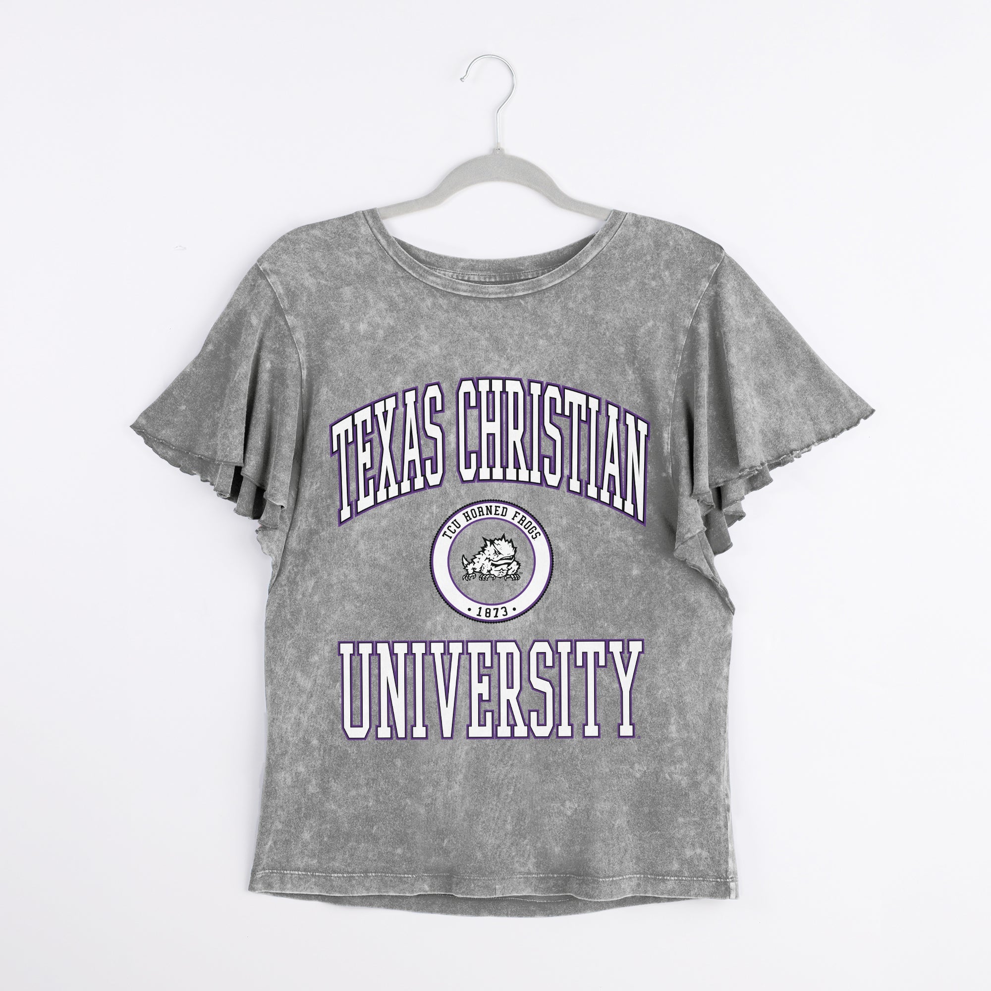 TCU HORNED FROGS VICTORY MODE FLUTTER SLEEVE TEE IN GREY