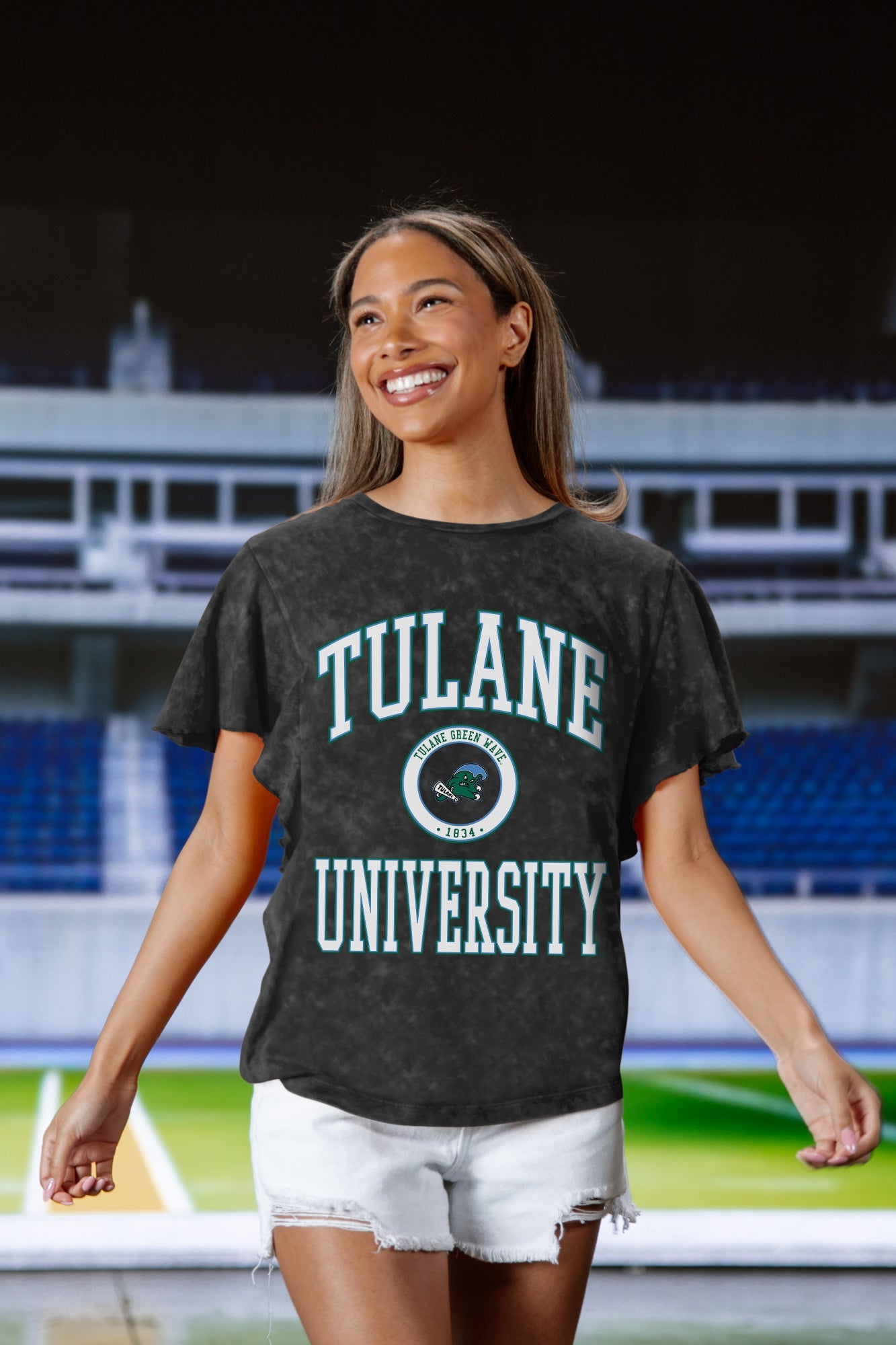 TULANE GREEN WAVE VICTORY MODE FLUTTER SLEEVE TEE IN BLACK