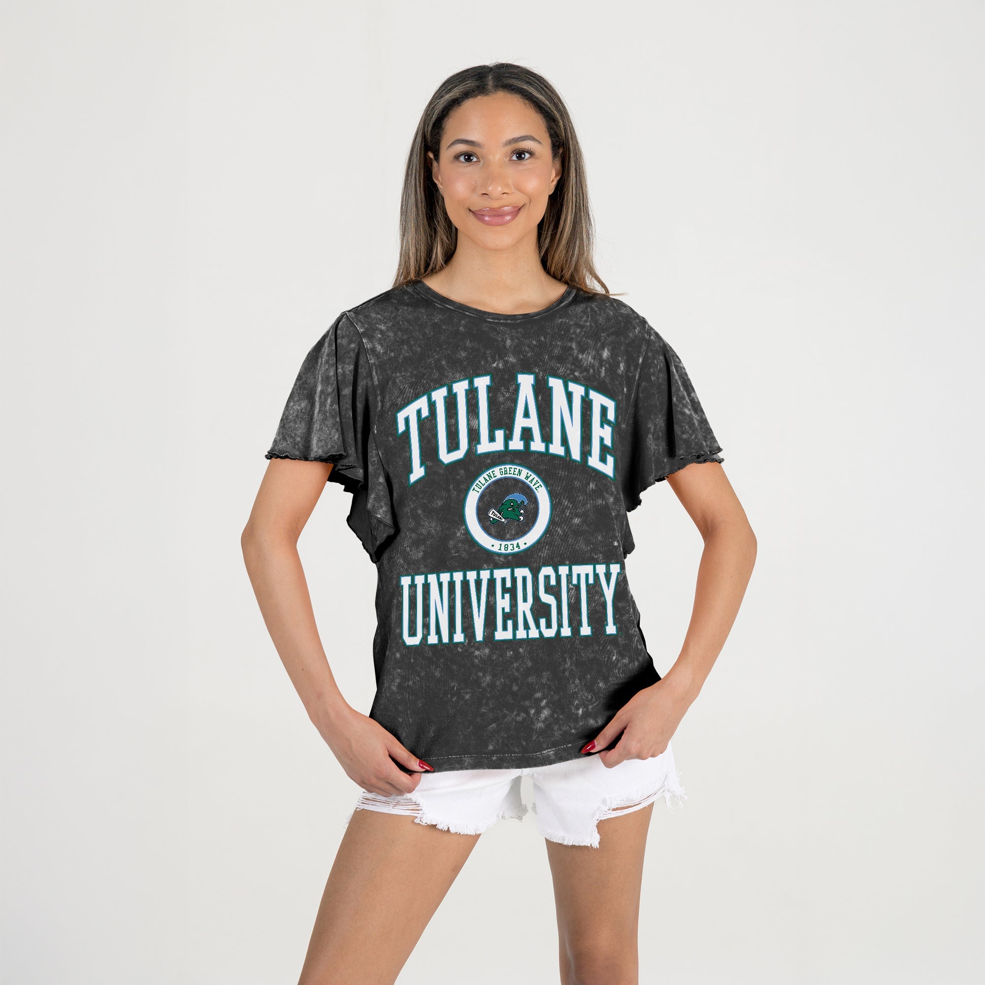 TULANE GREEN WAVE VICTORY MODE FLUTTER SLEEVE TEE IN BLACK